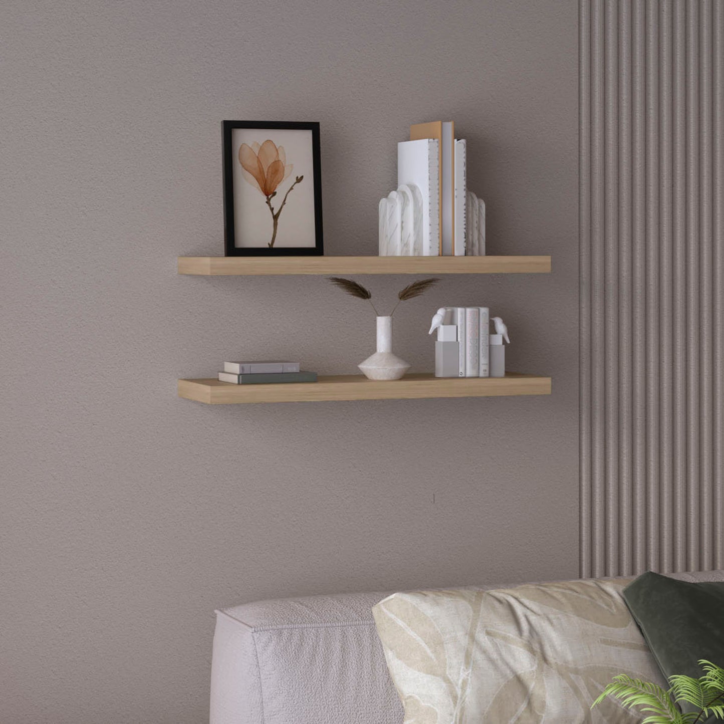Light oak floating shelf with framed floral art and decorative bookends