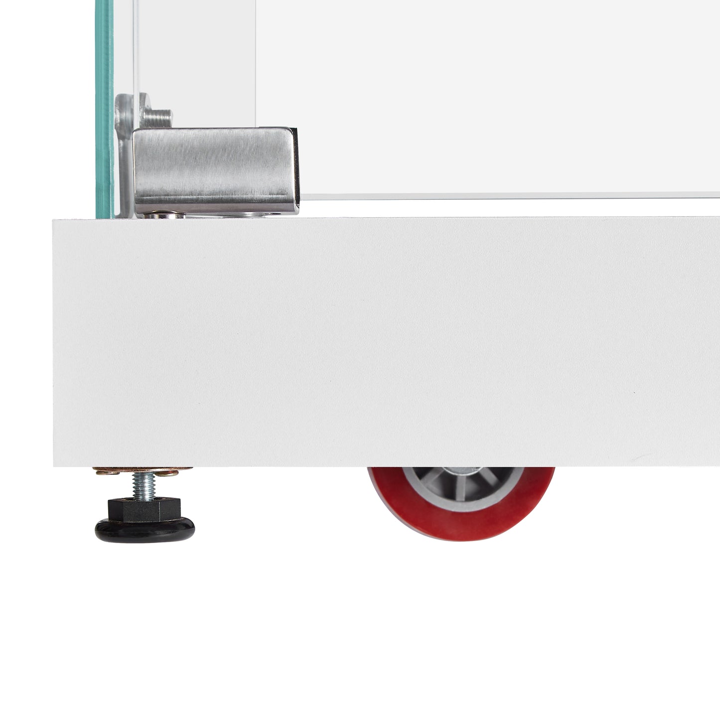 White cabinet base with adjustable foot and red caster wheel