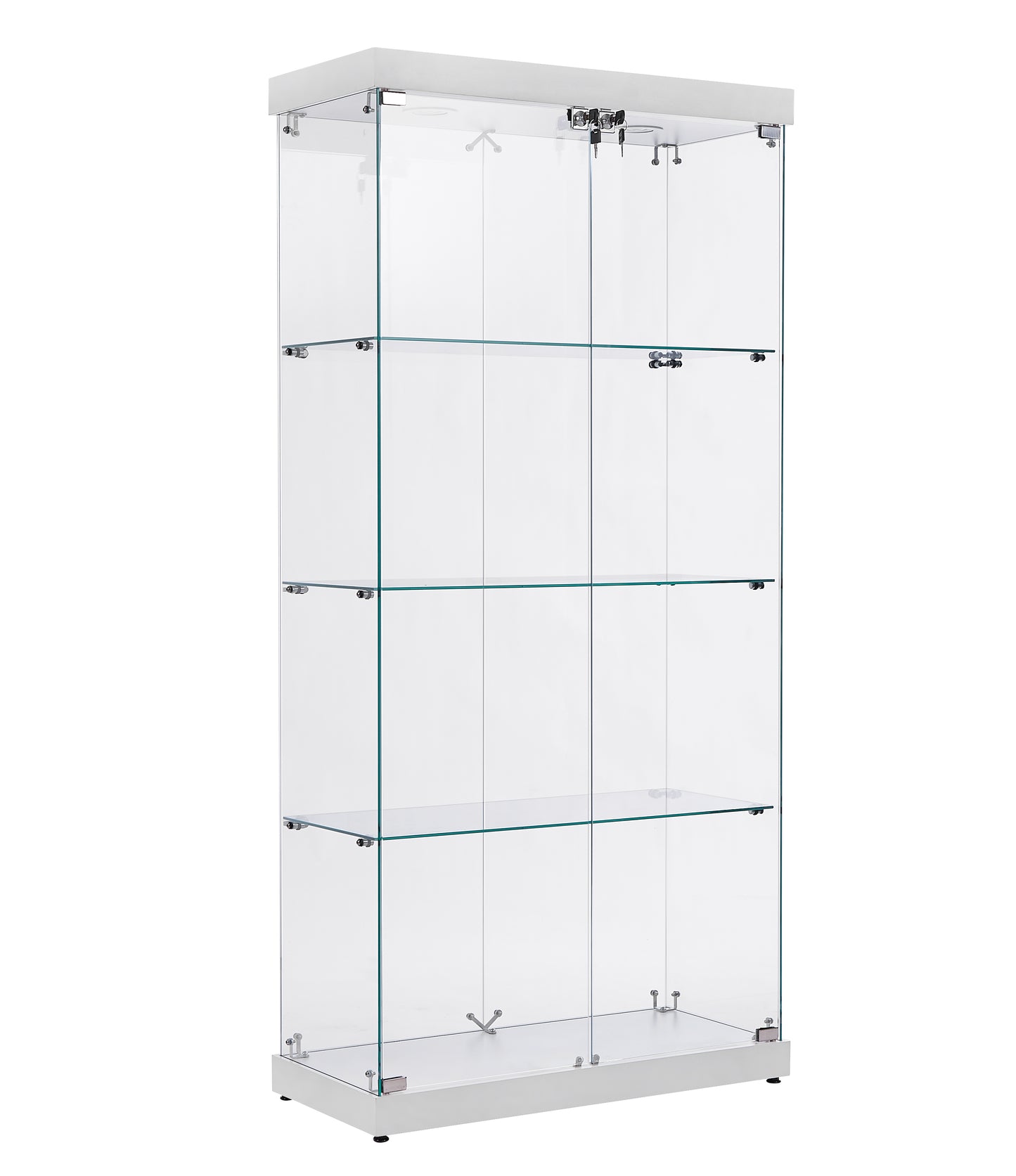 Modern glass display cabinet with four shelves and locking doors