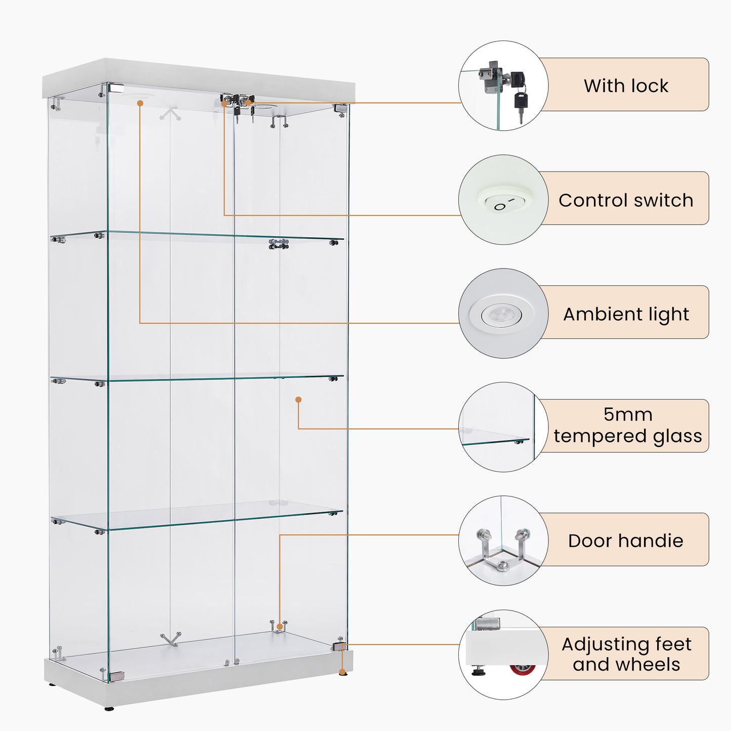 Glass display cabinet with lock and ambient light