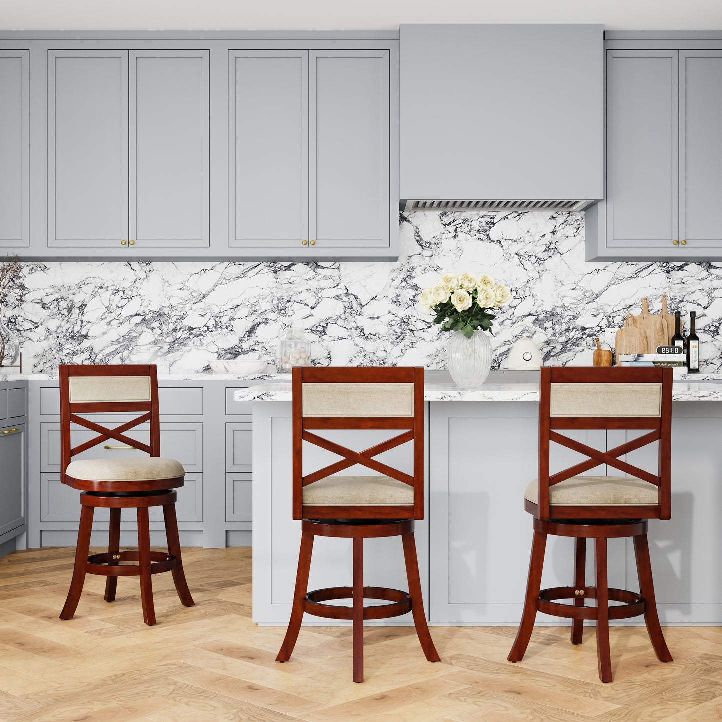 Cherry wood bar stool with upholstered seat and Xback design