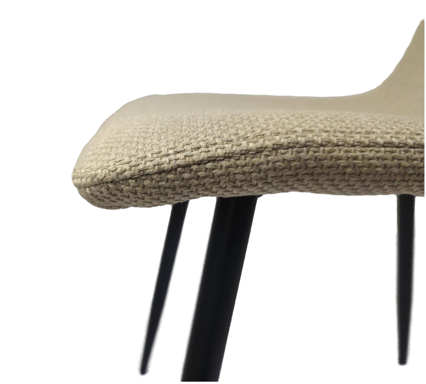 Beige woven upholstered seat on slim black metal chair legs