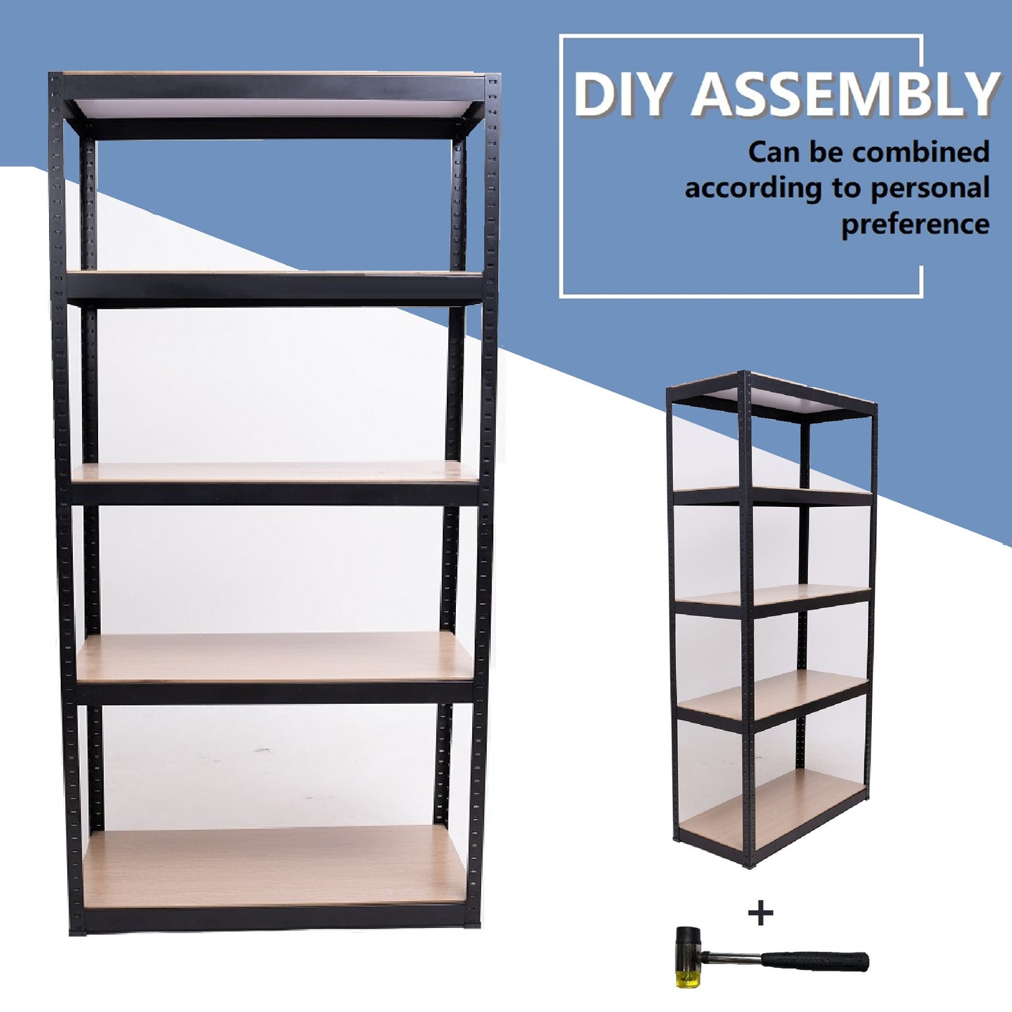 Black metal tier shelving unit with light wood shelves for home storage