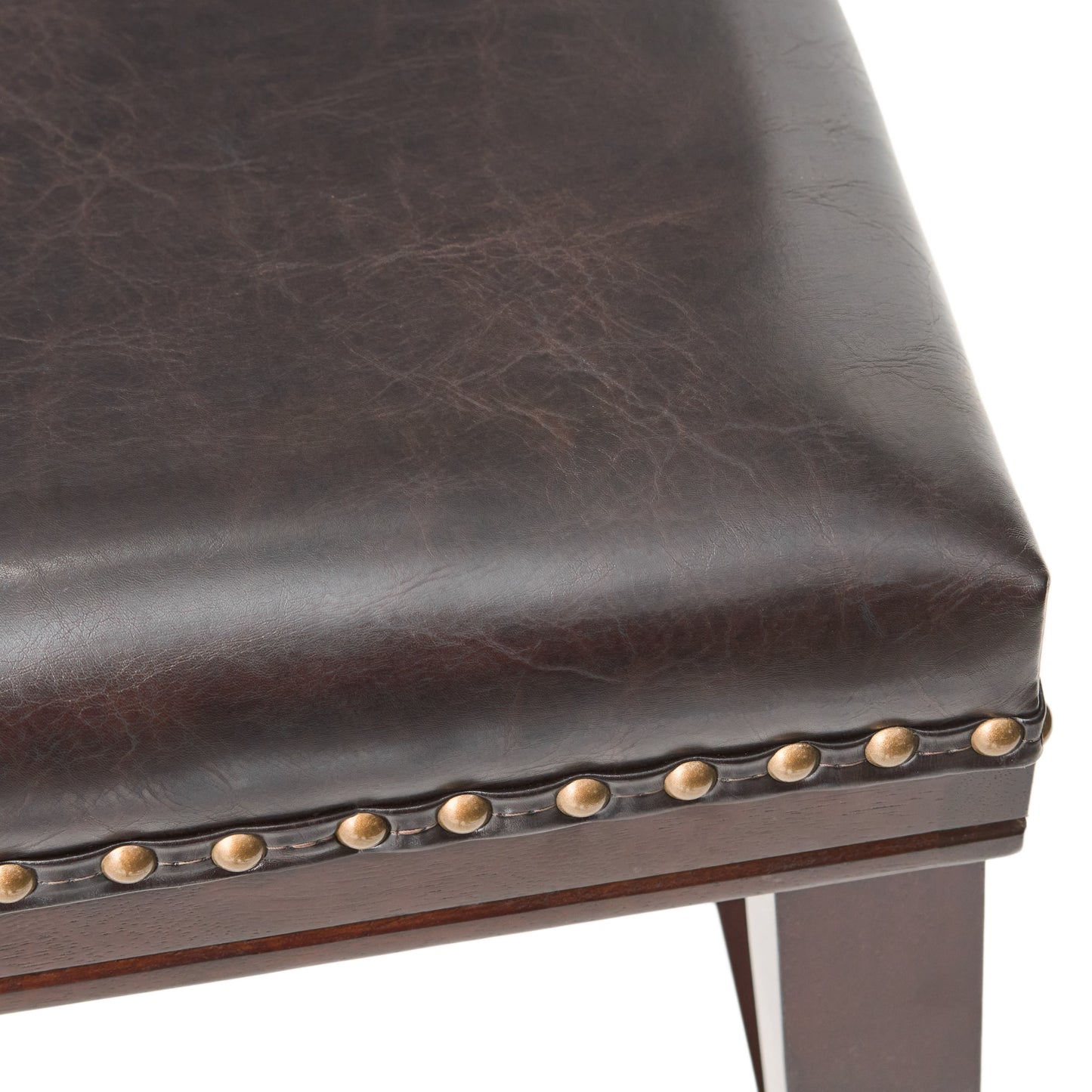 Dark brown faux leather dining chair seat with brass nailhead trim