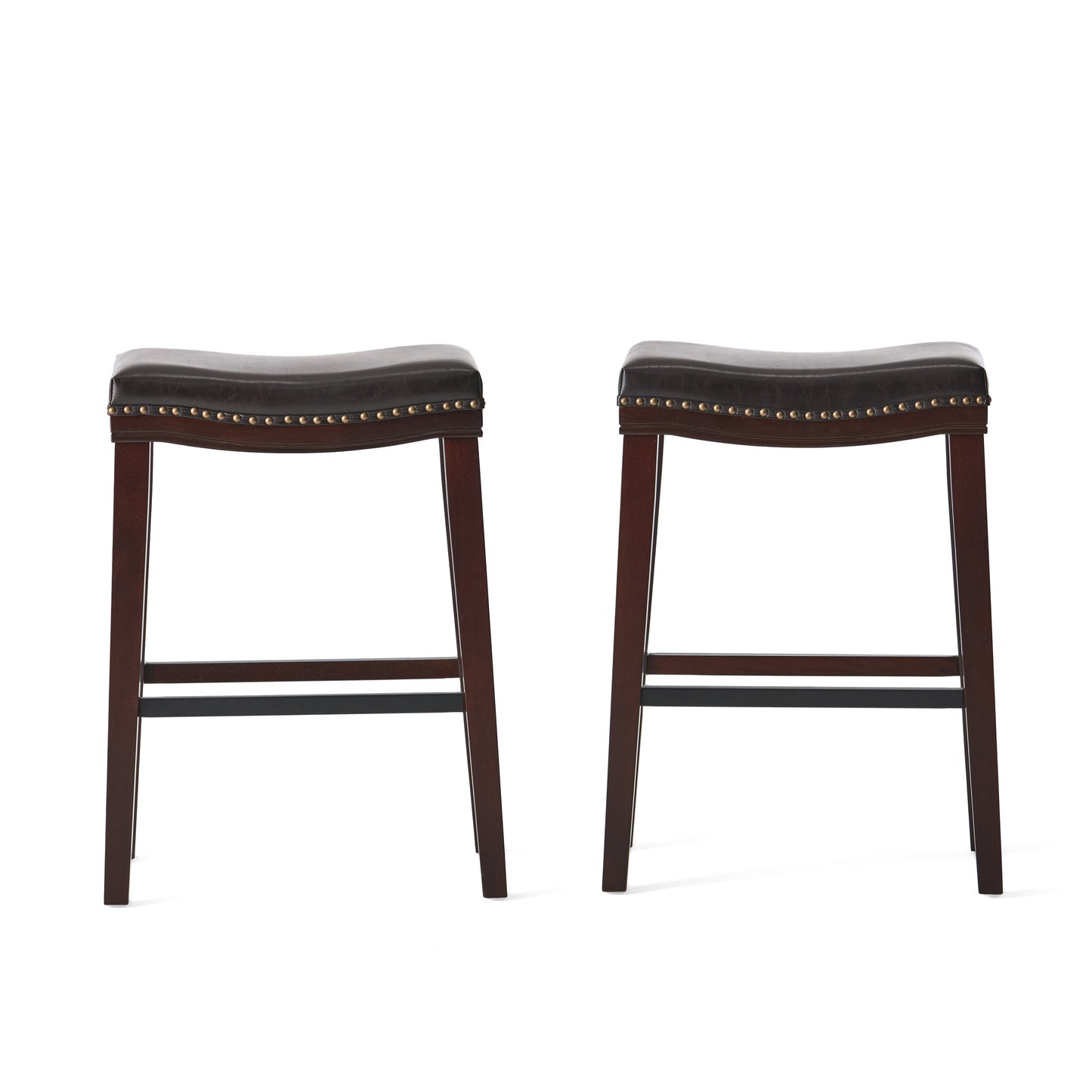 Two dark brown wooden bar stools with studded dark leather seats