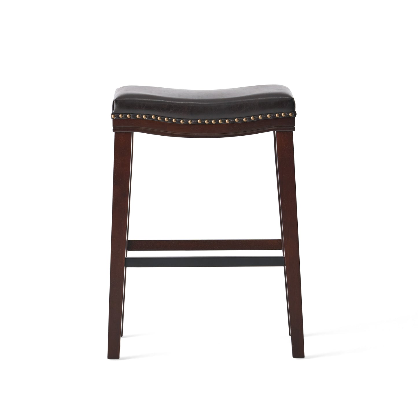 Dark brown leather saddle stool with brass stud trim