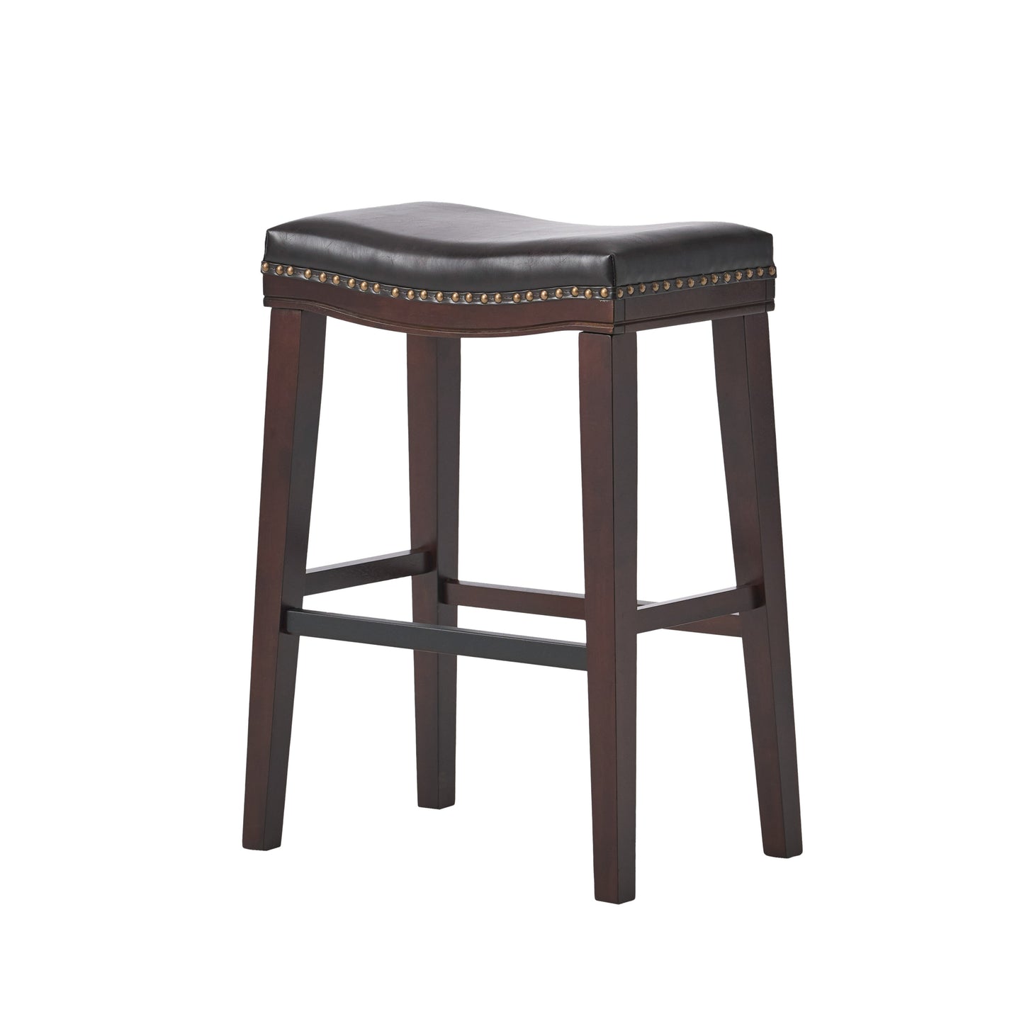 Dark brown leather saddle stool with brass nailhead trim and wooden legs