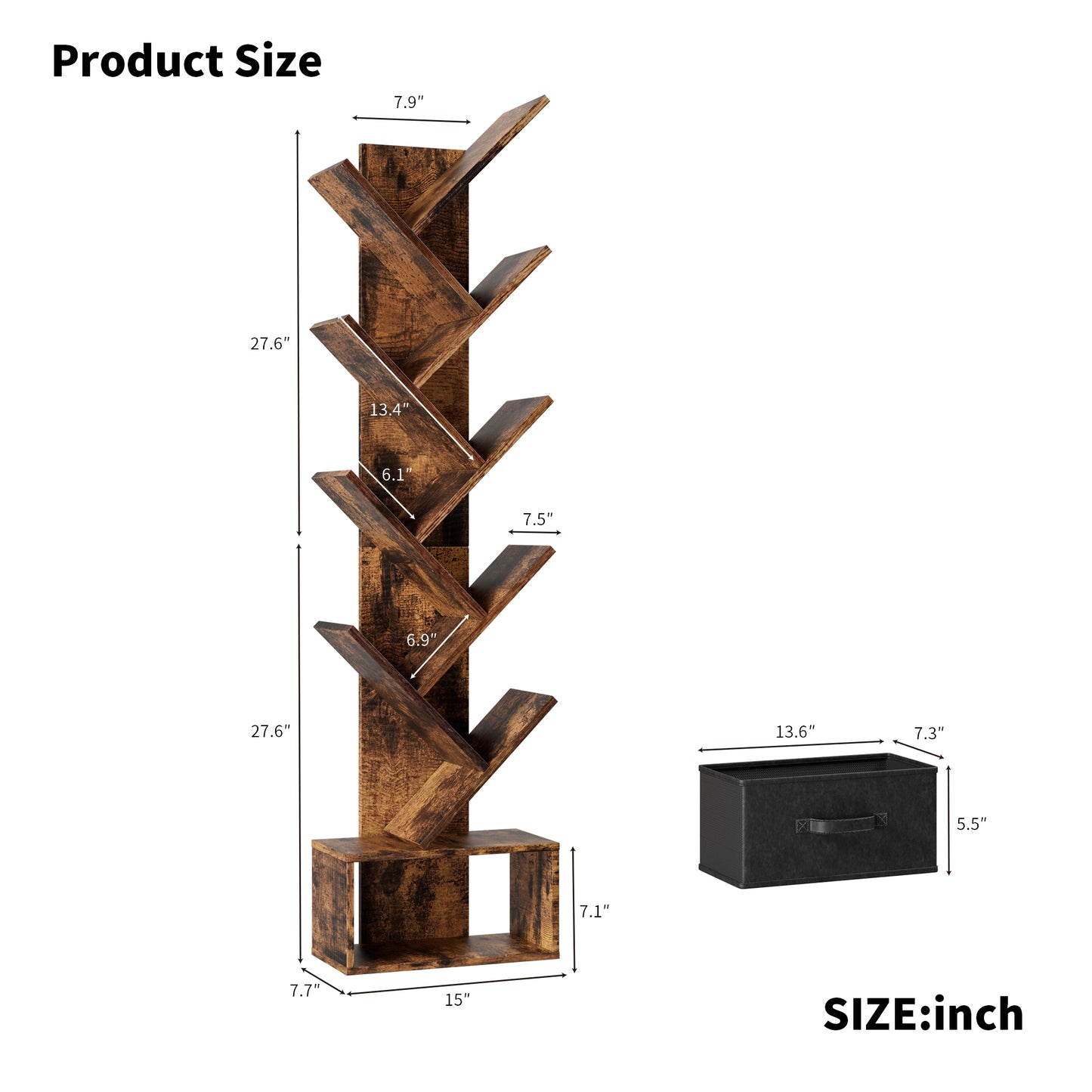Rustic brown tree bookshelf with tiered shelves