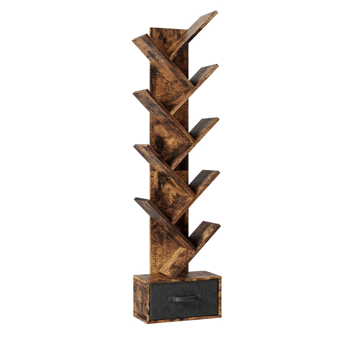 Rustic brown tree bookshelf with black fabric drawer