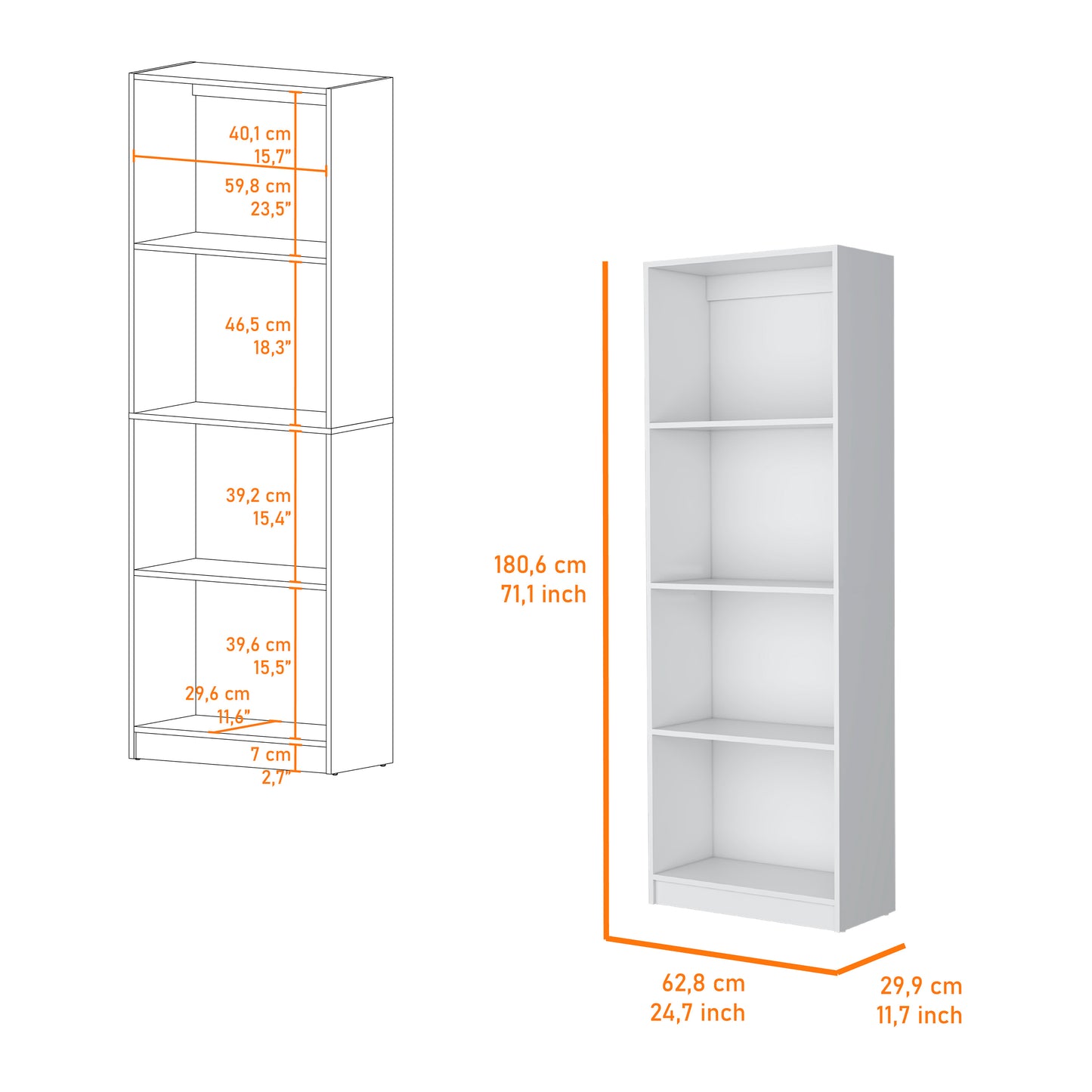 White fourshelf bookcase with clear dimension markings for each shelf