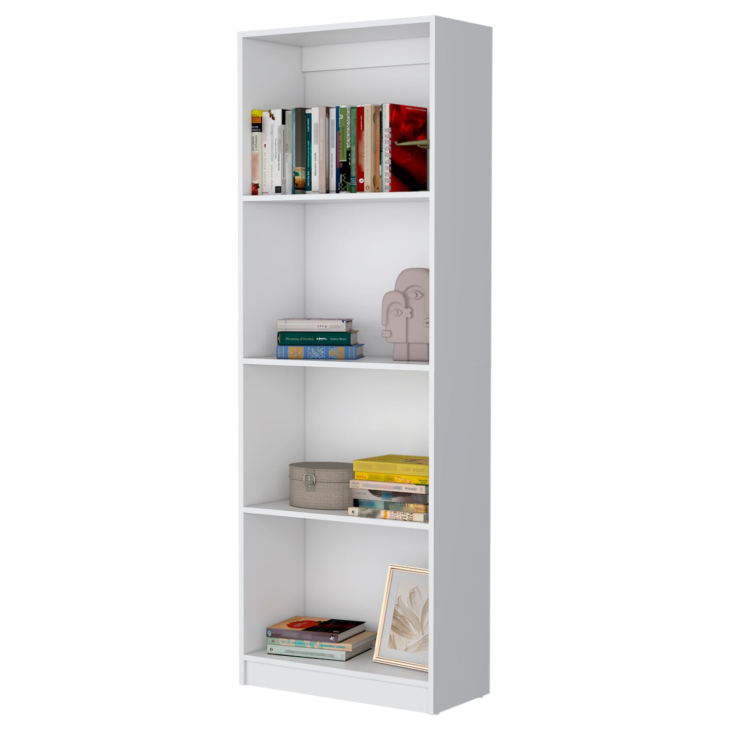 White modern tall bookshelf filled with books and decor