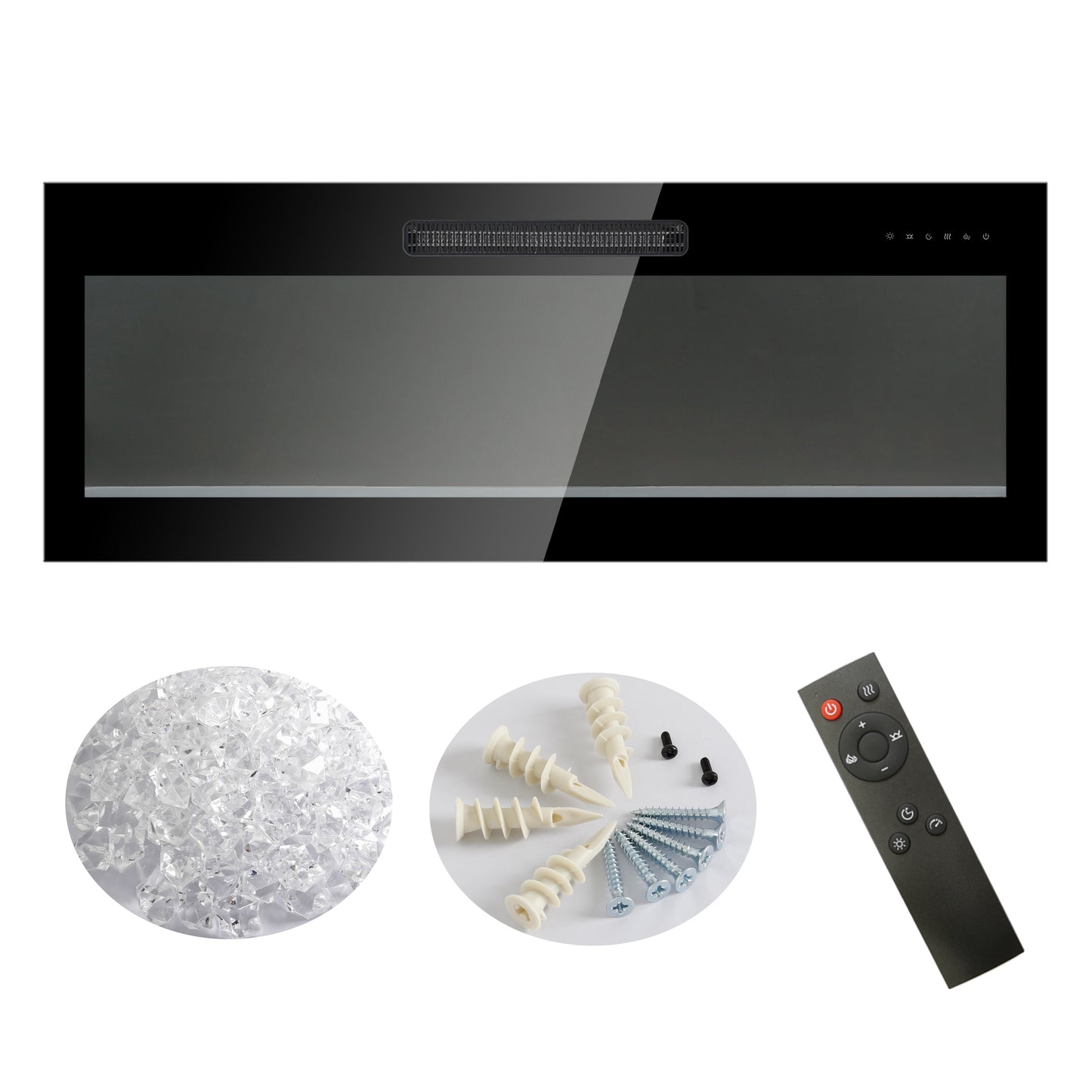 Black linear electric fireplace with remote and accessories