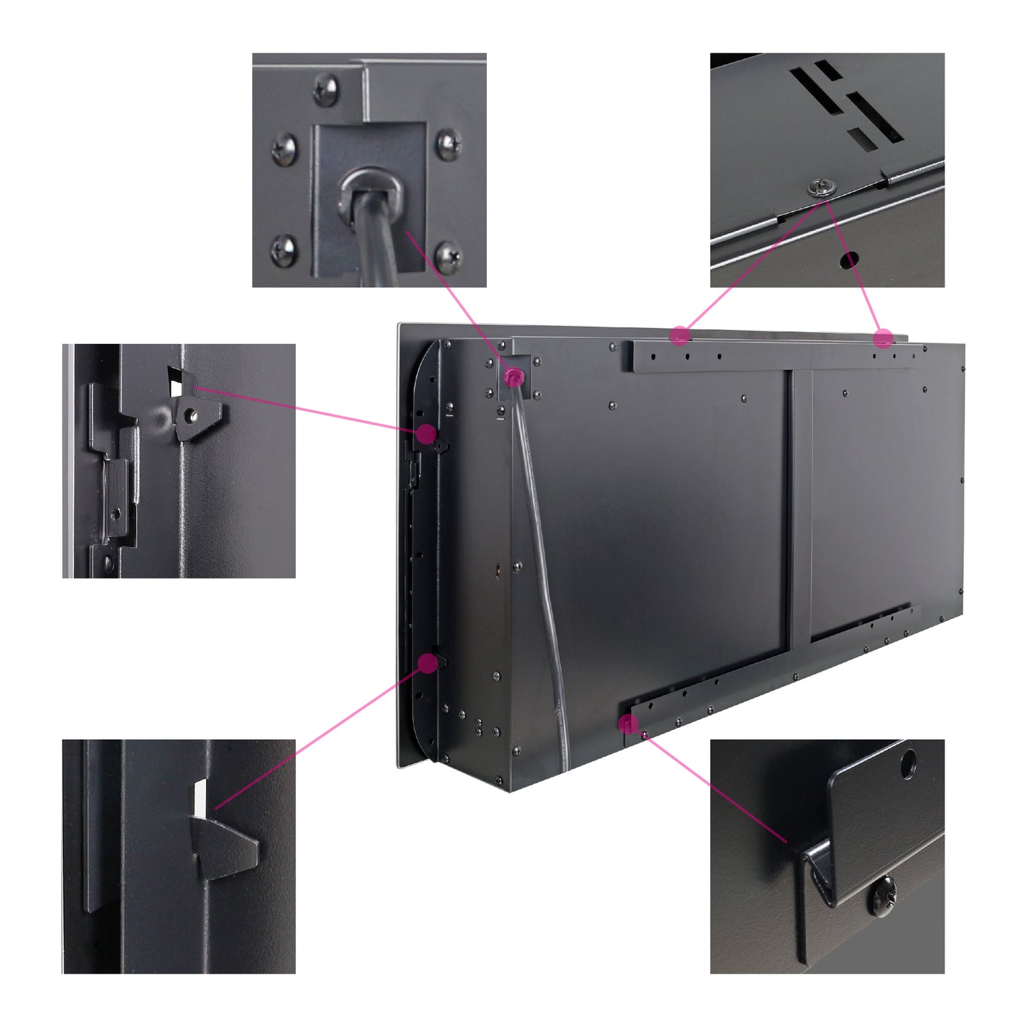 Black metal enclosure mounting bracket with visible screws