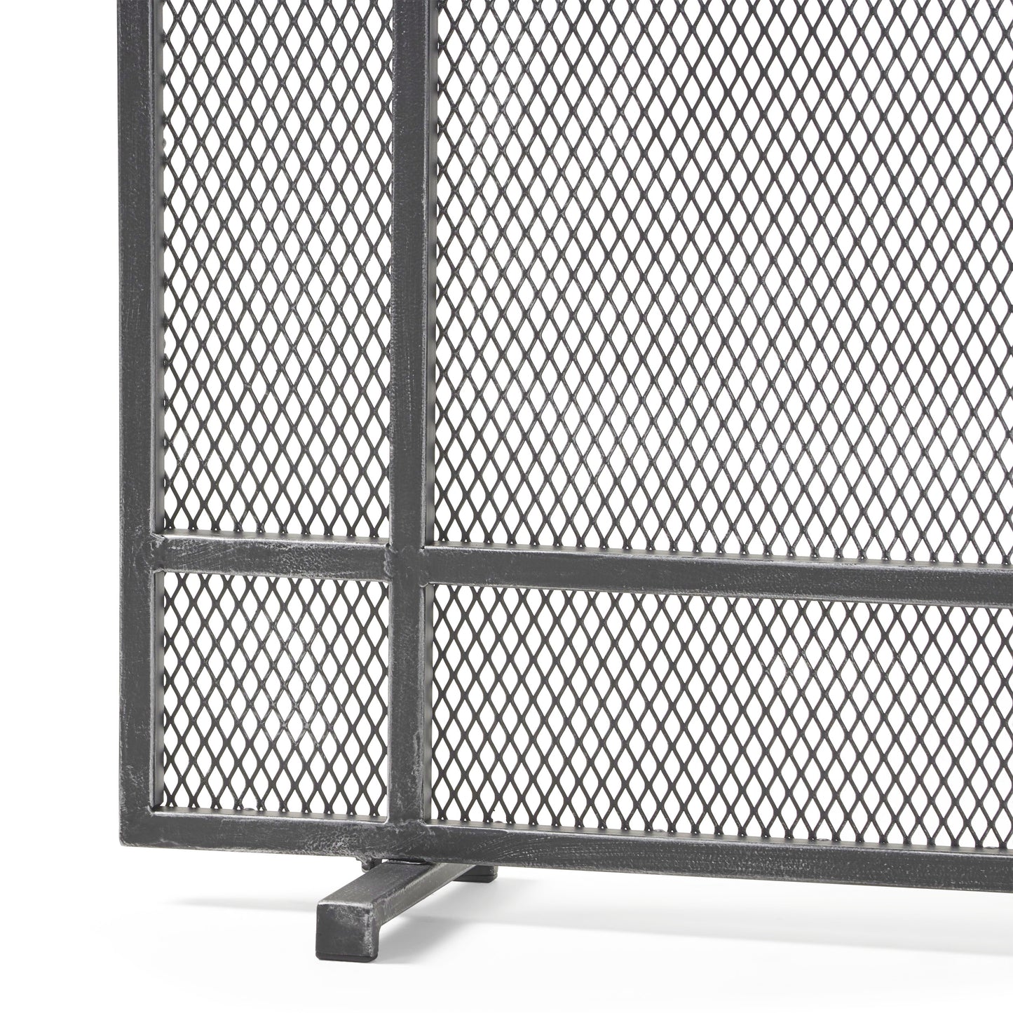 Black metal diamond mesh fireplace screen with sturdy frame and legs