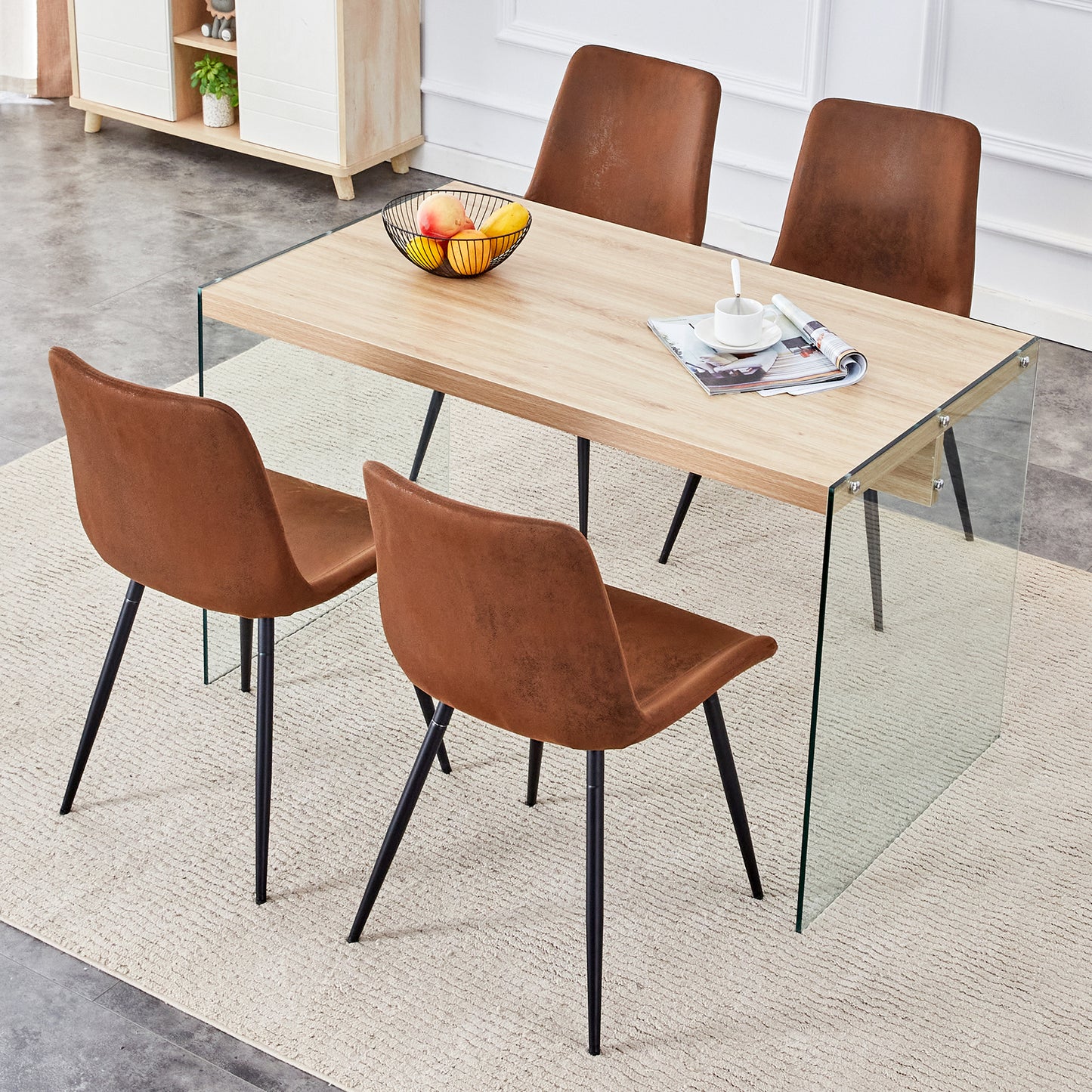 Modern glass dining table with oak top and brown suede chairs