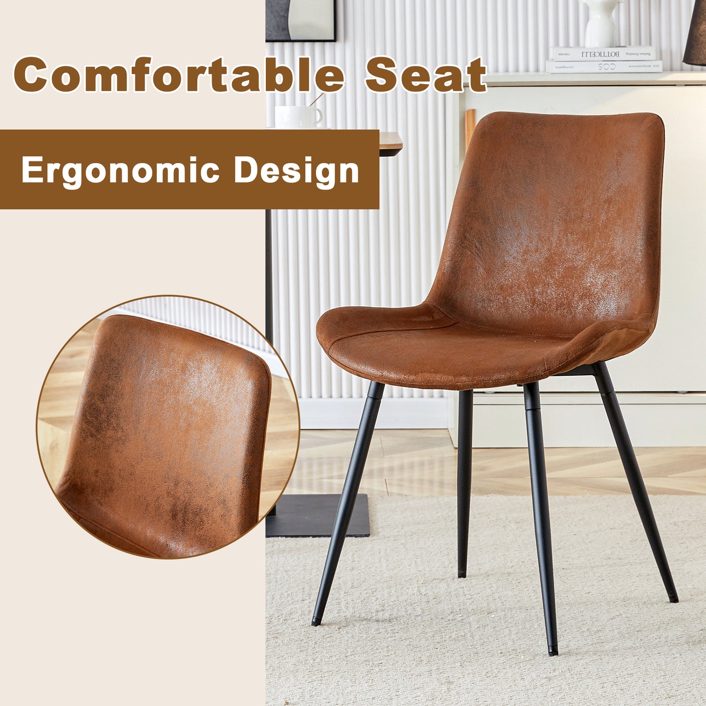 Brown faux leather dining chair with curved back and black metal legs