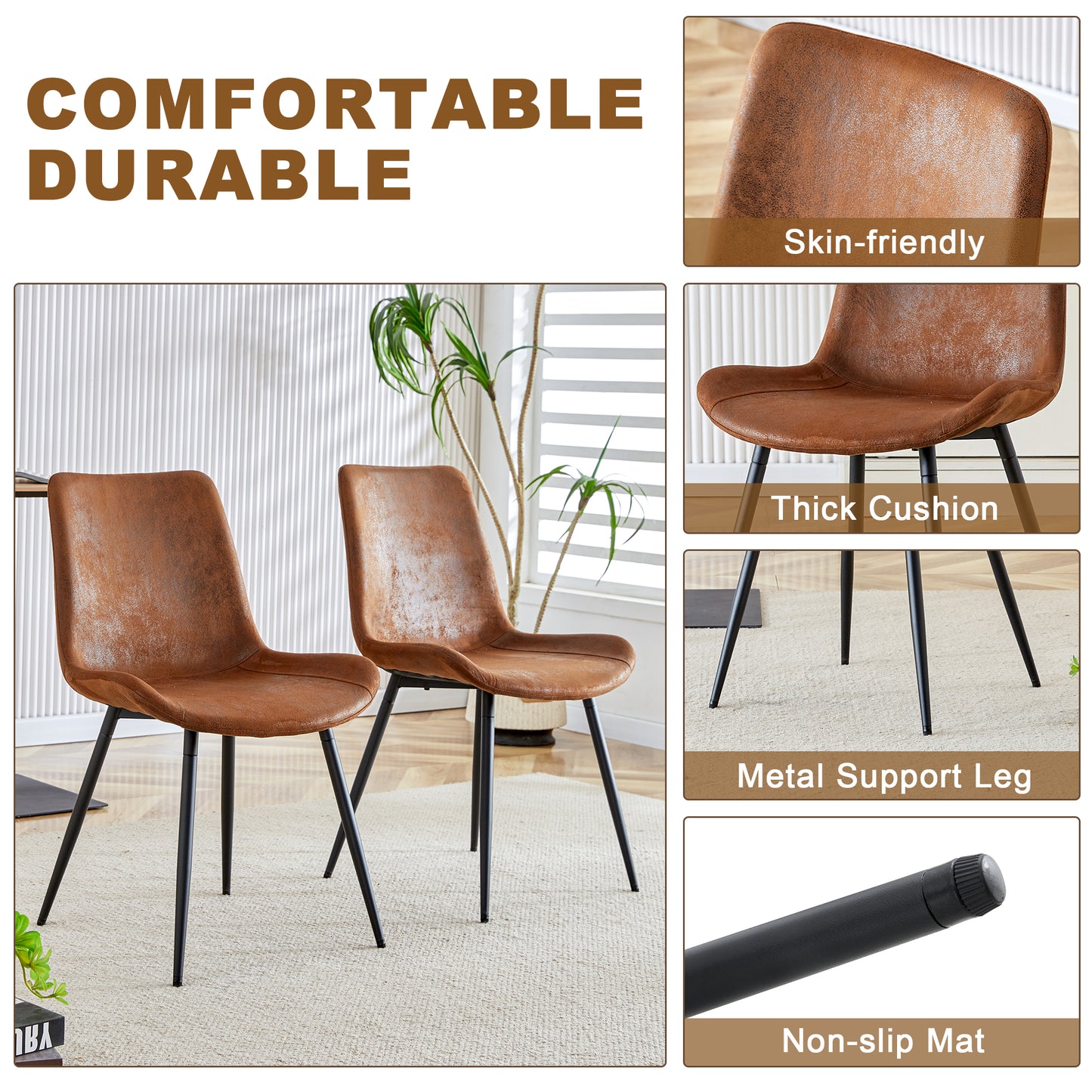 Brown faux leather dining chairs with black metal legs