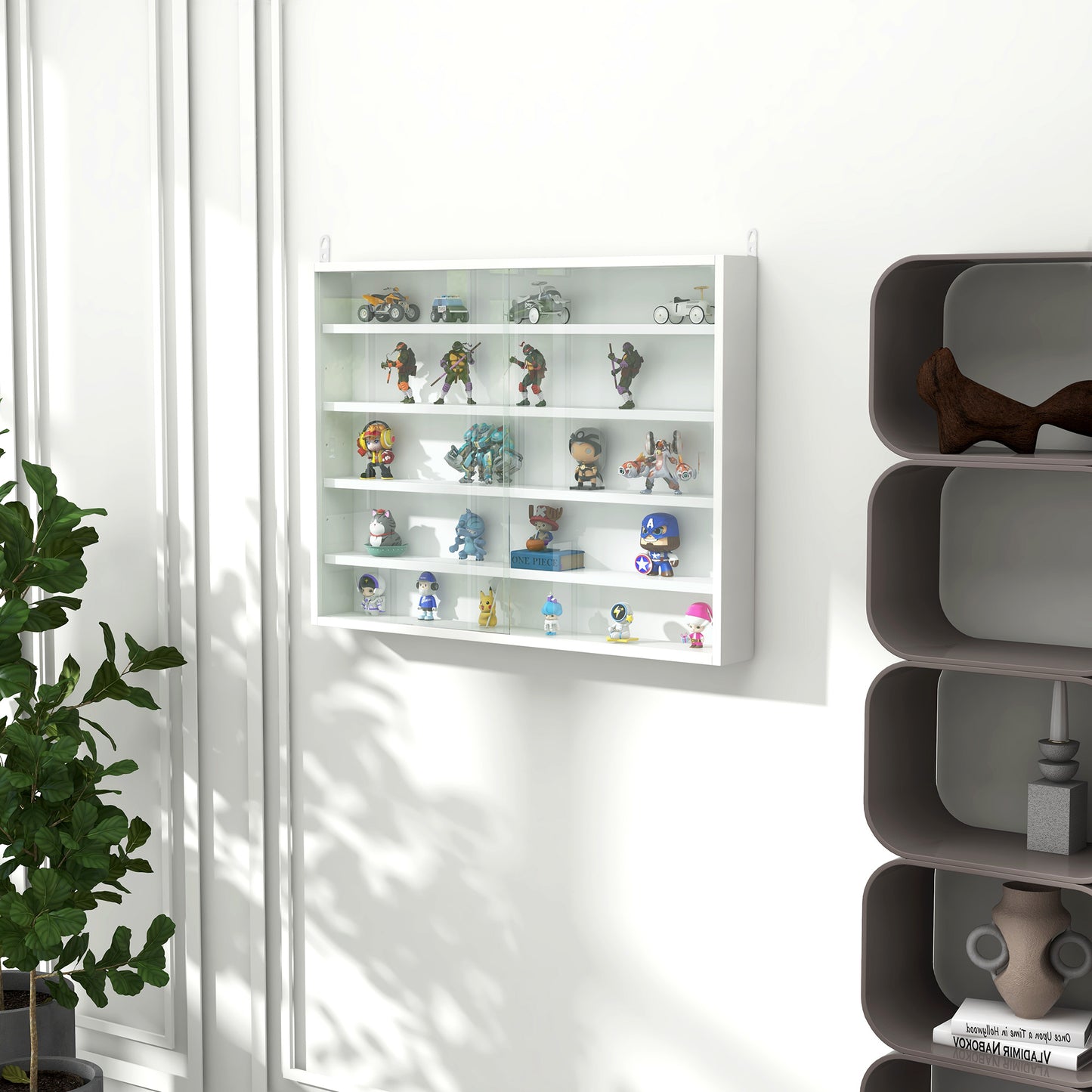 White wall display shelf filled with assorted collectible figurines
