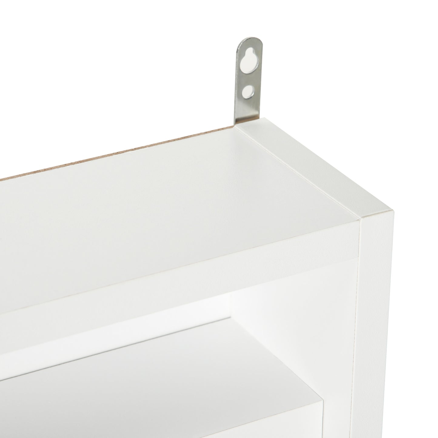 White wall shelf corner with metal hanging bracket