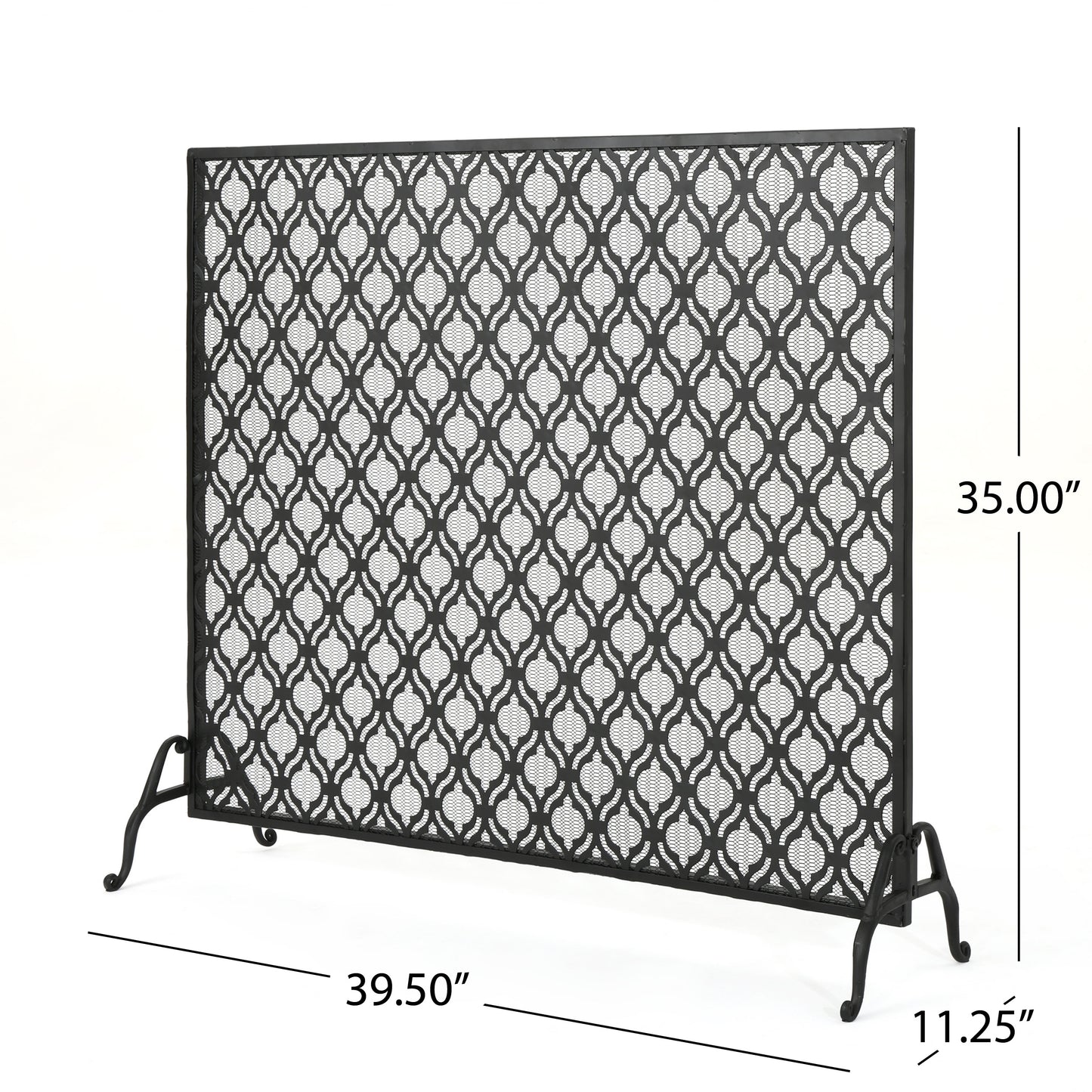 Black metal fireplace screen with decorative quatrefoil pattern