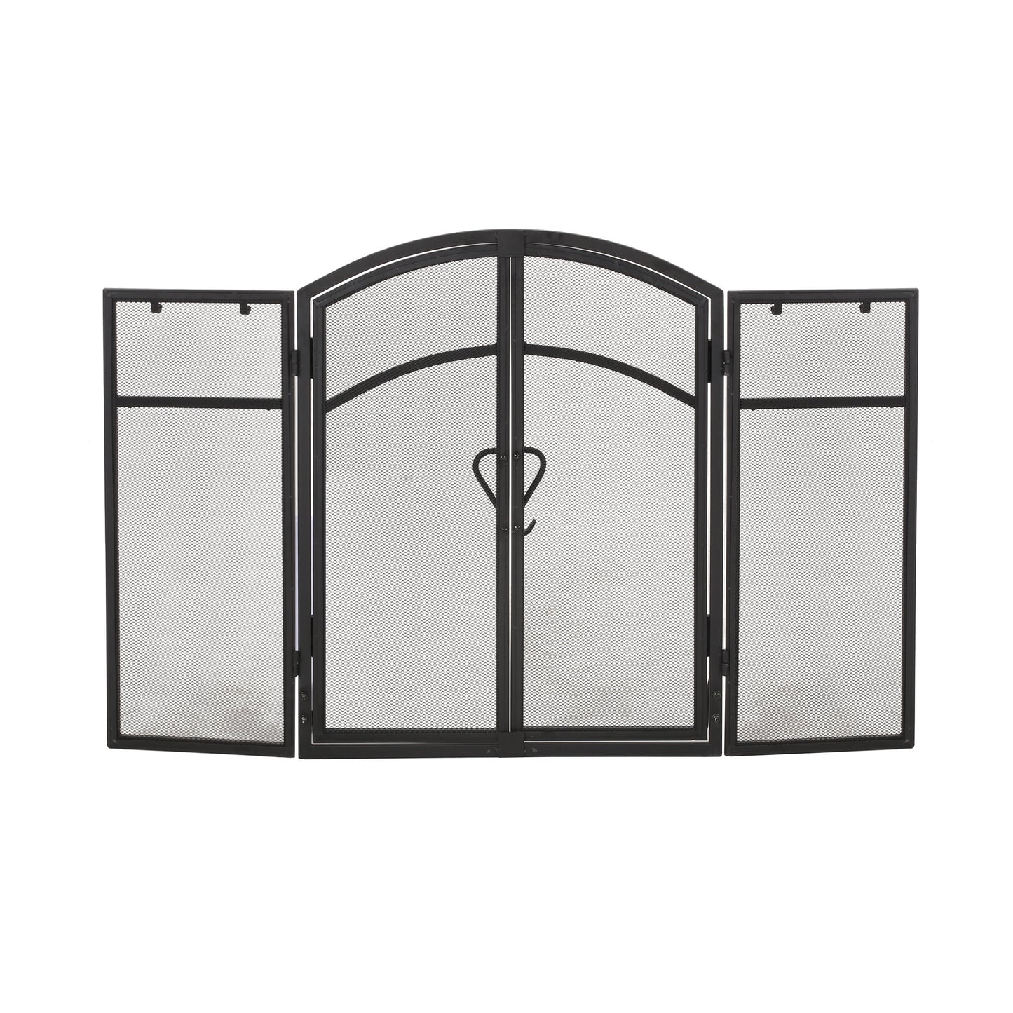 Black metal trifold fireplace screen with decorative arched top and heart detail