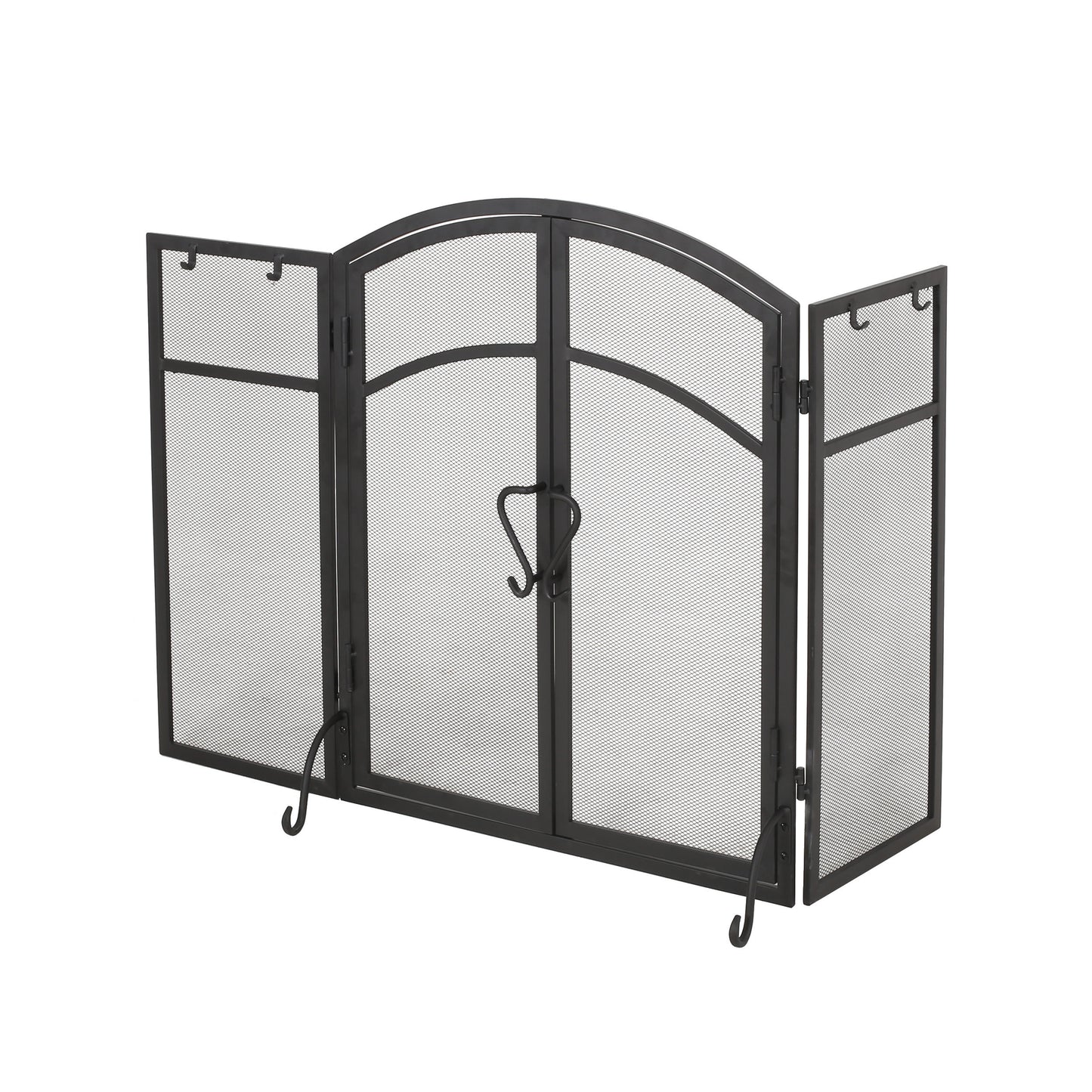 Black metal trifold fireplace screen with arched top and mesh panels