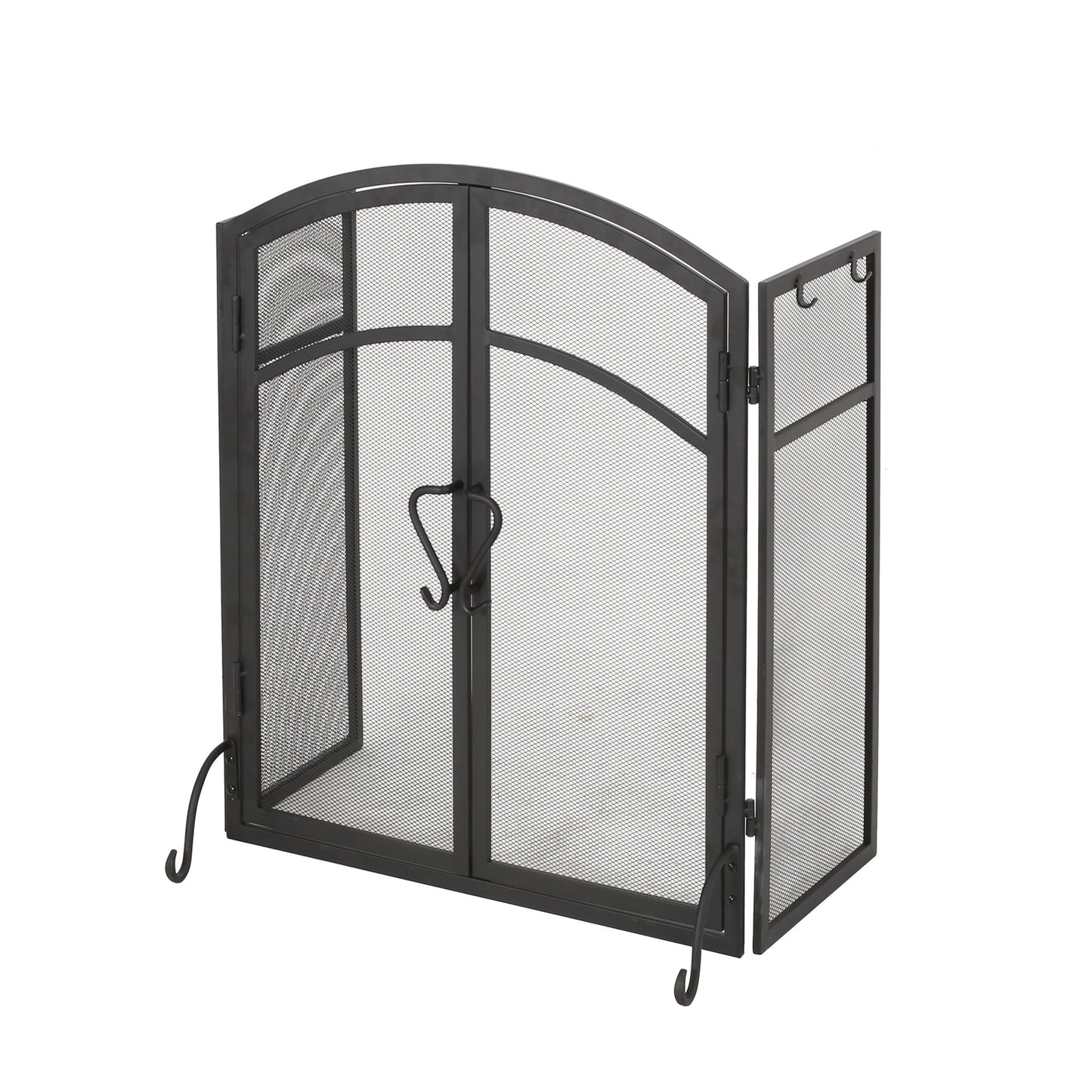 Black metal fire screen with arched top and dual doors