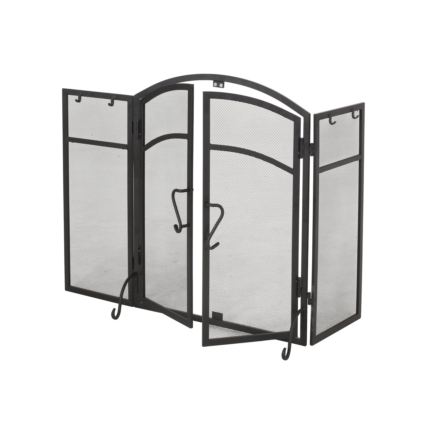 Black metal threepanel fireplace screen with arched top and double doors