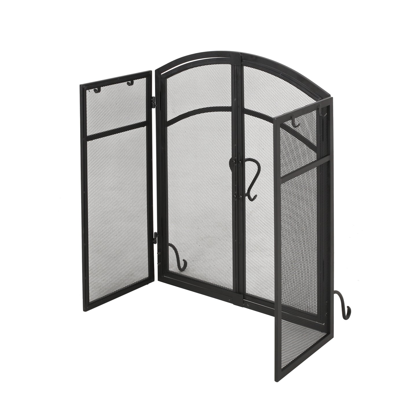Black metal trifold fireplace screen with arched top