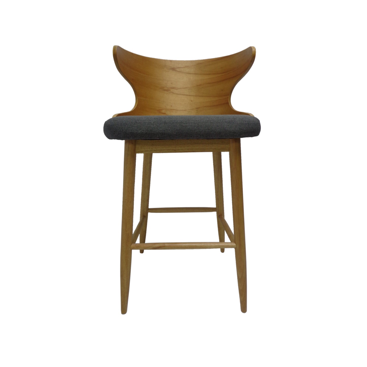 Wooden bar stool with grey fabric seat and curved back