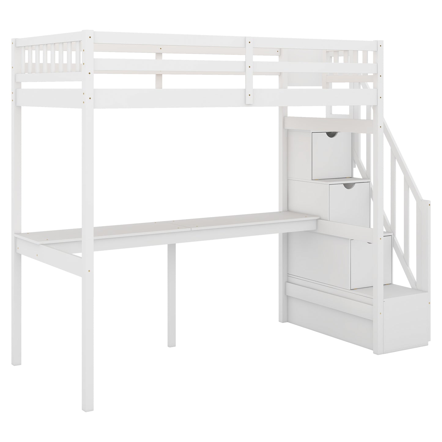 White wooden loft bed with integrated desk and stair drawers
