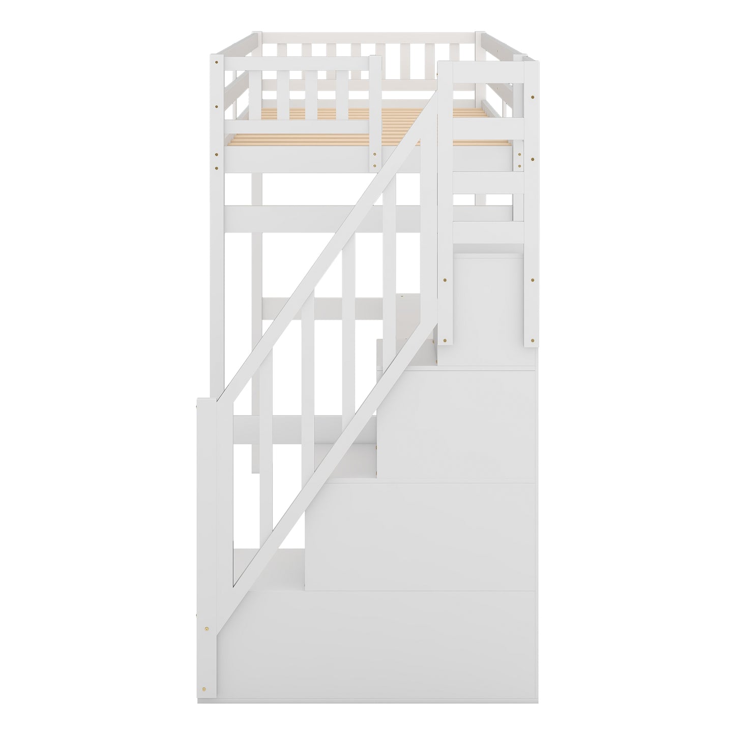 White loft bed with stairs and storage drawers