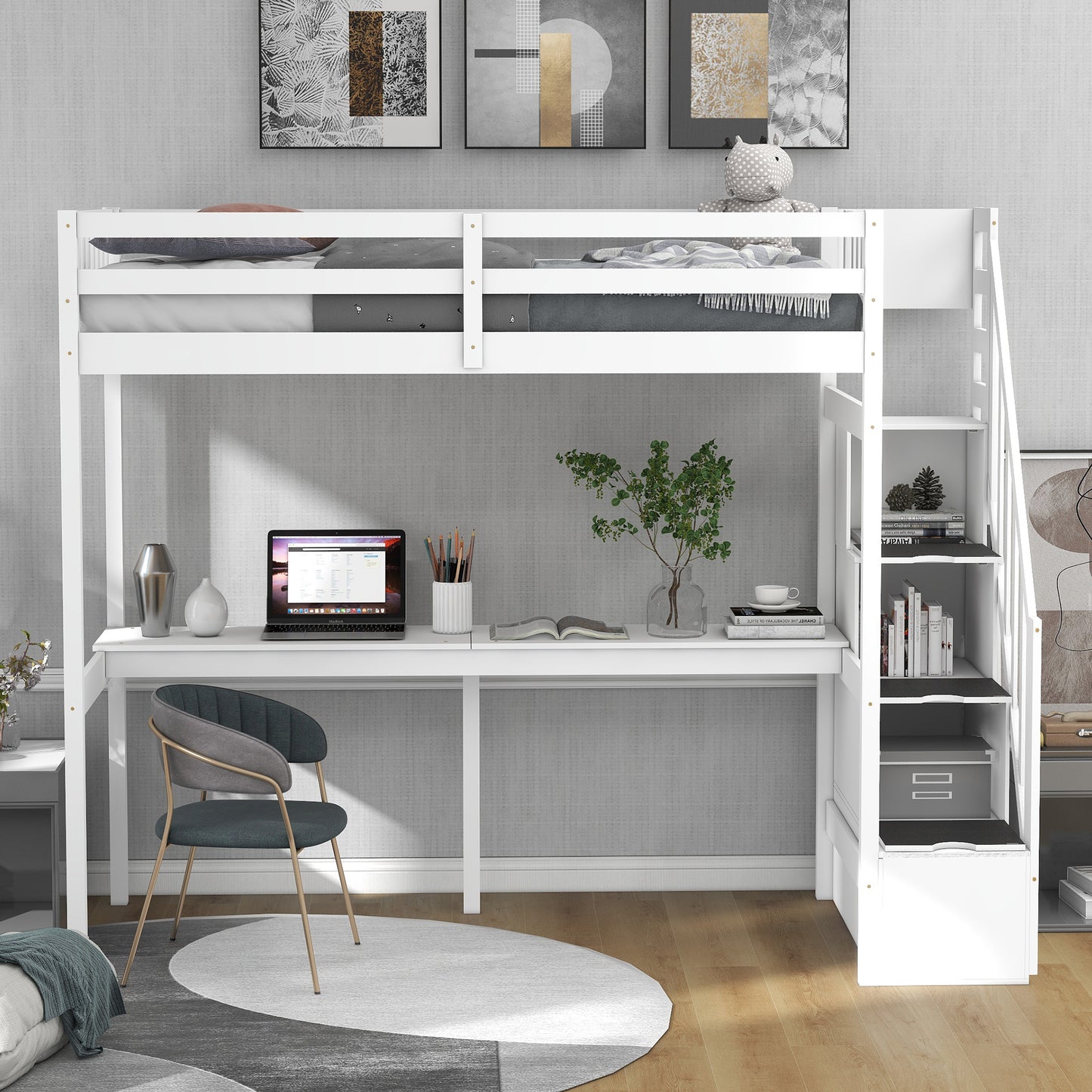 White wooden loft bed with integrated desk and storage stairs