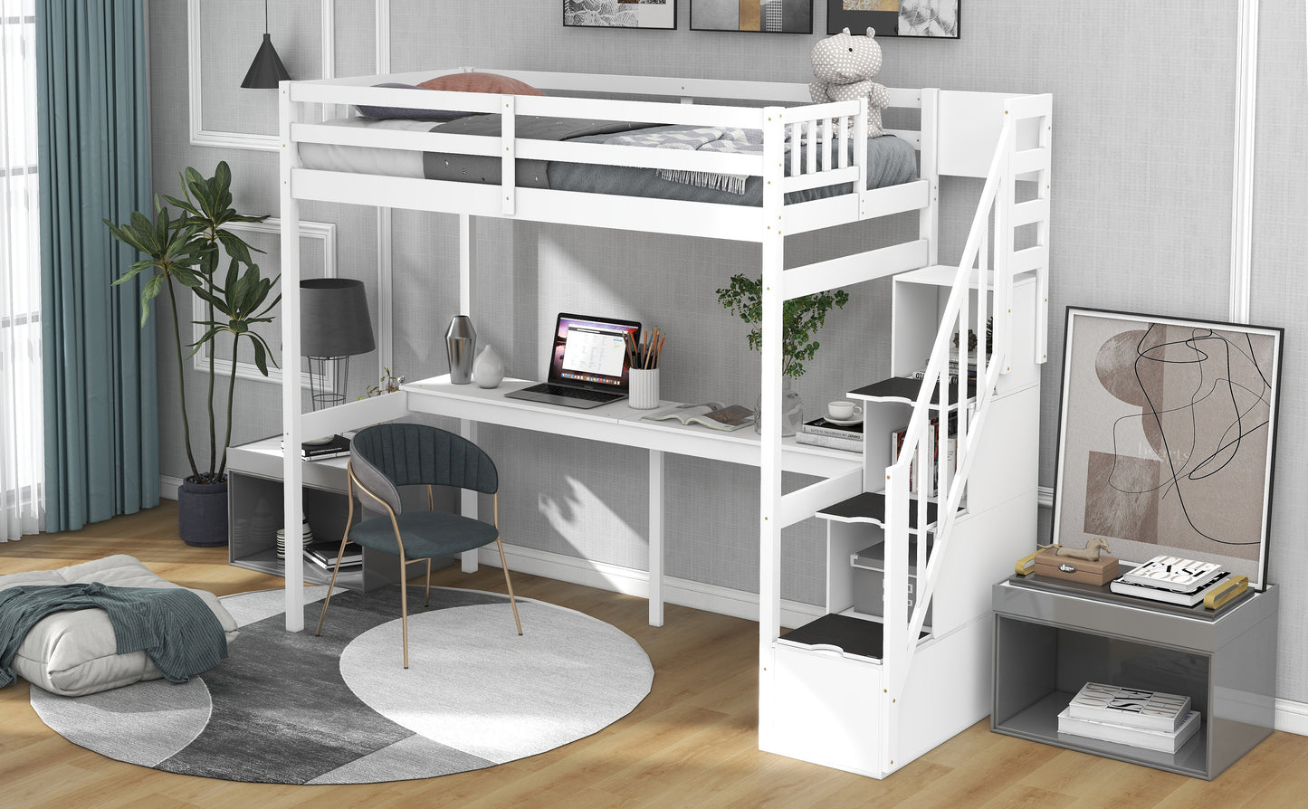 White wooden loft bed with desk and integrated storage steps