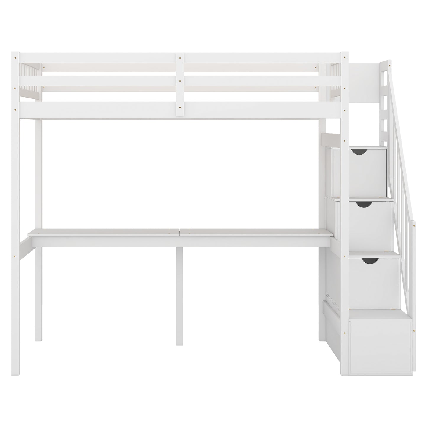 White loft bed with desk and storage stairs