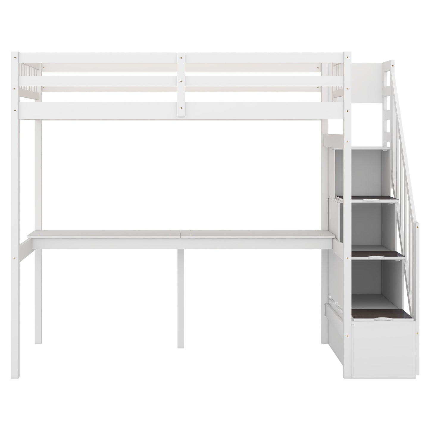 White wooden loft bed with integrated desk and staircase storage
