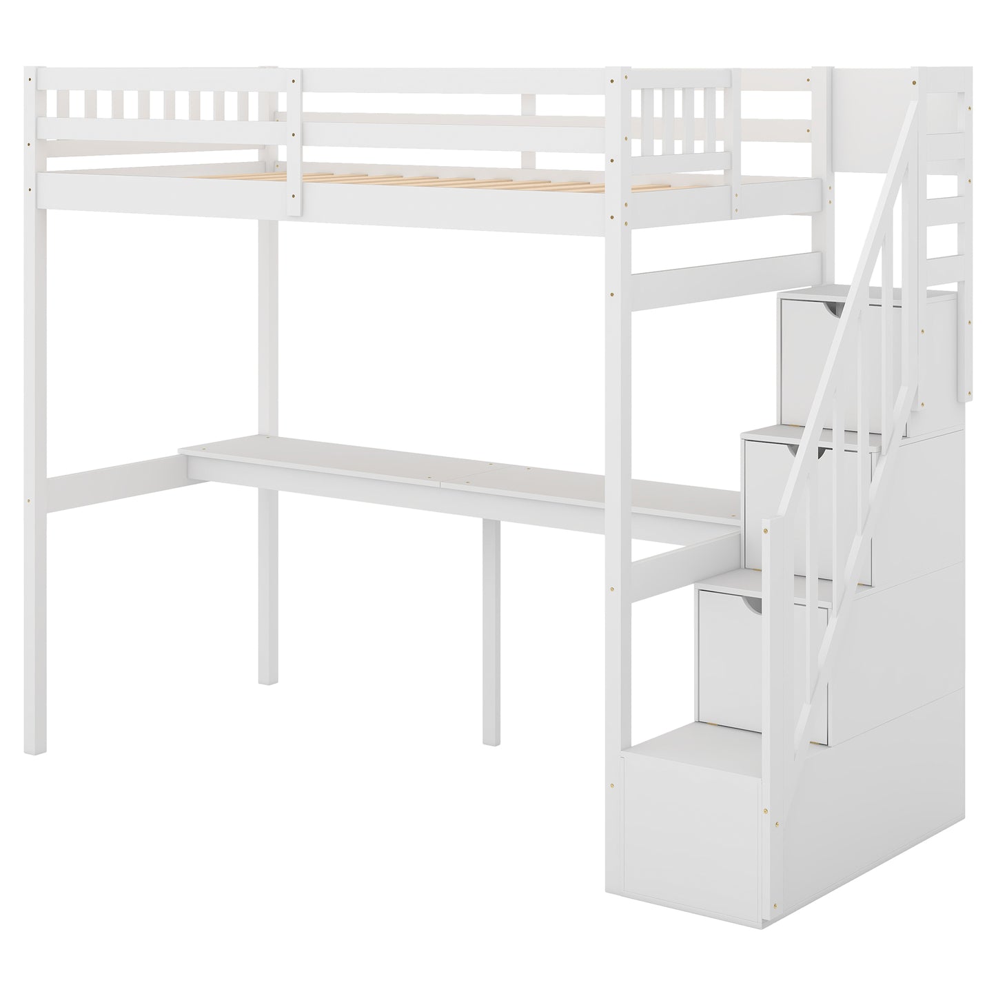 White wooden loft bed with integrated desk and storage stairs