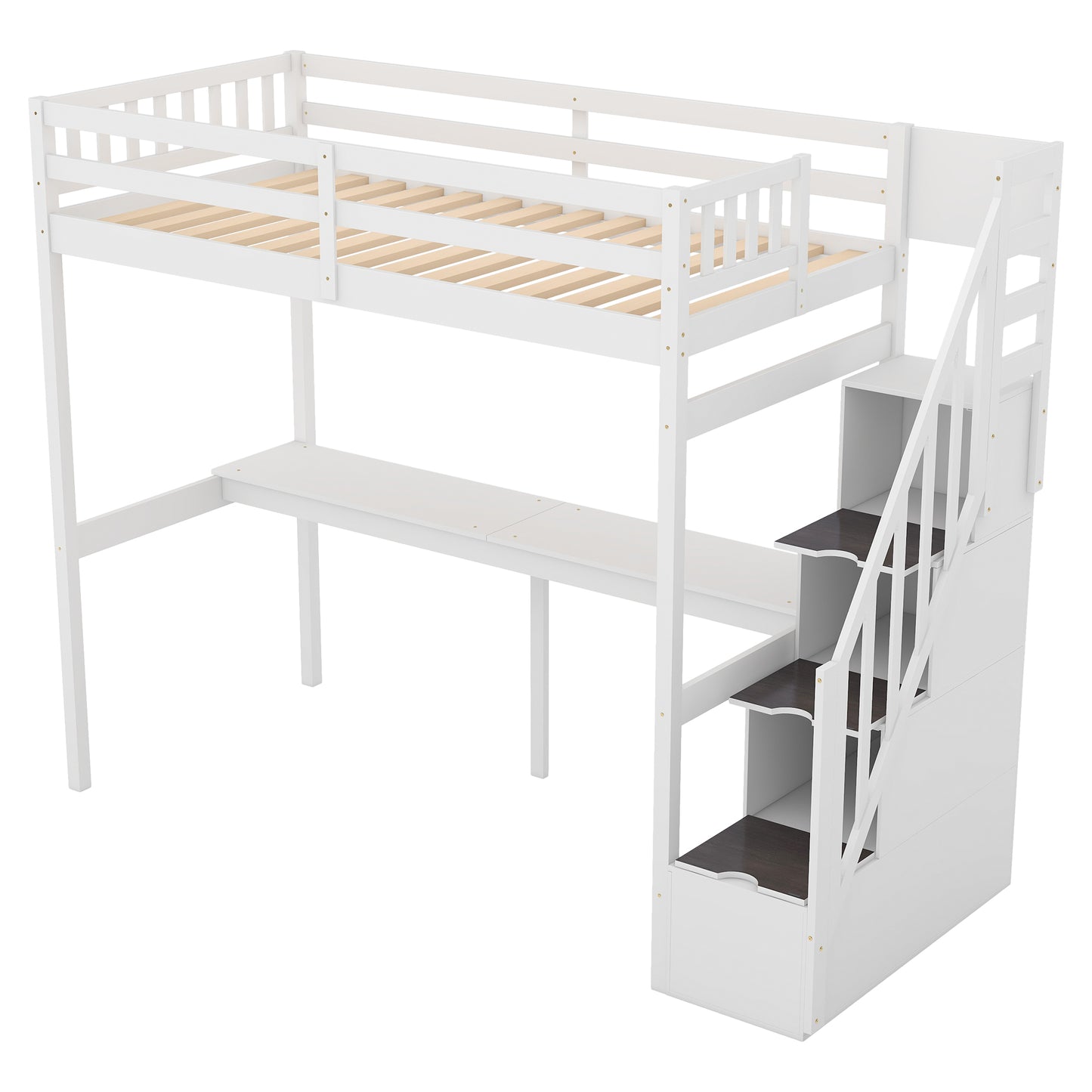 White wooden loft bed with integrated desk and storage stairs for kids