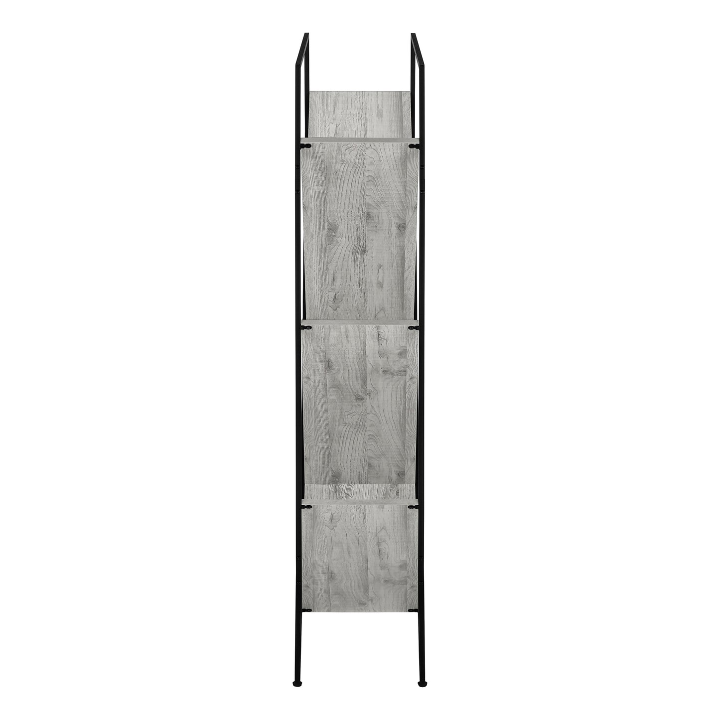 Tall grey wood bookshelf with black metal frame