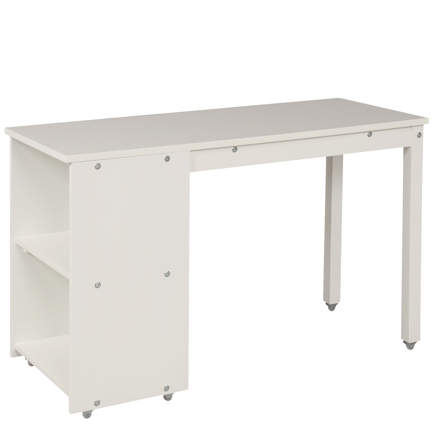 White modern desk with integrated shelving and rolling casters