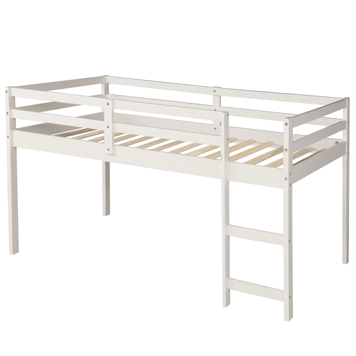 White wooden loft bed frame with ladder