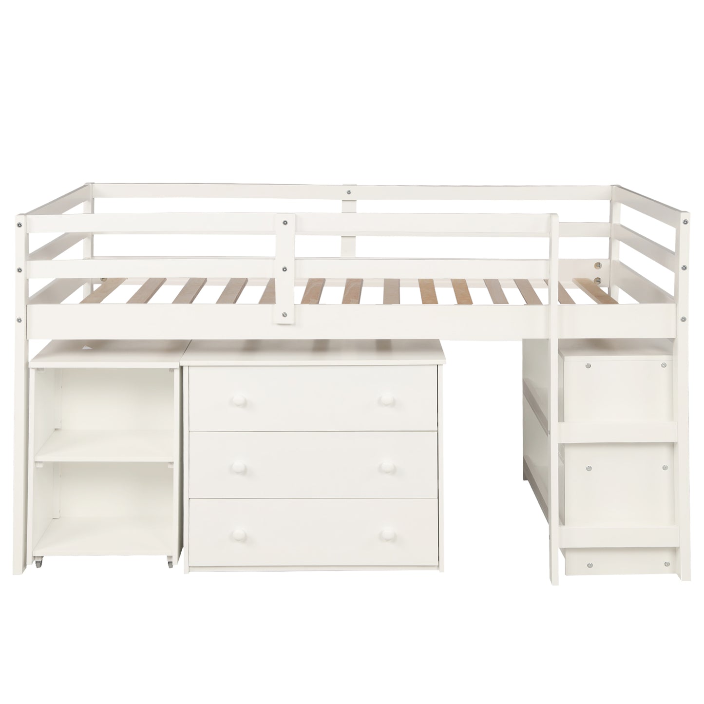 White wooden loft bed with integrated desk and three drawers