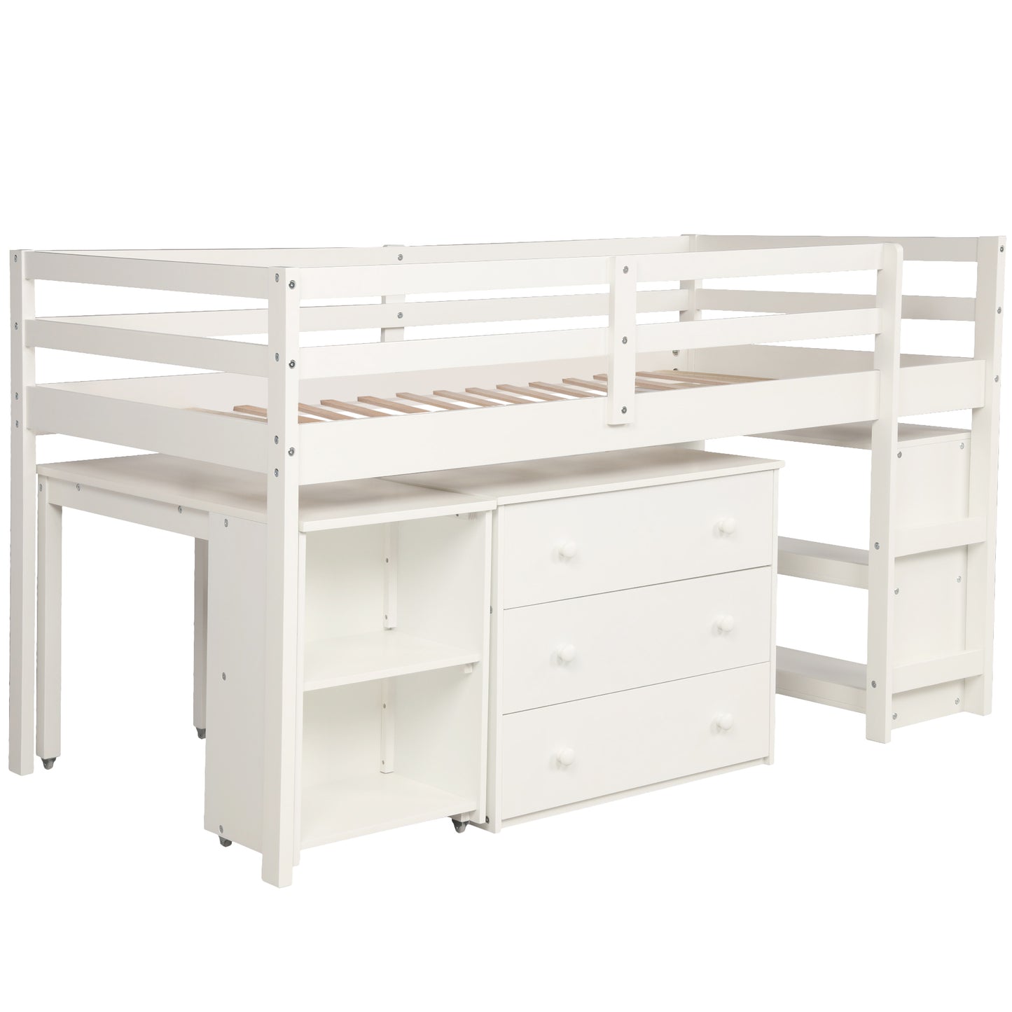 White loft bed with integrated desk and drawers