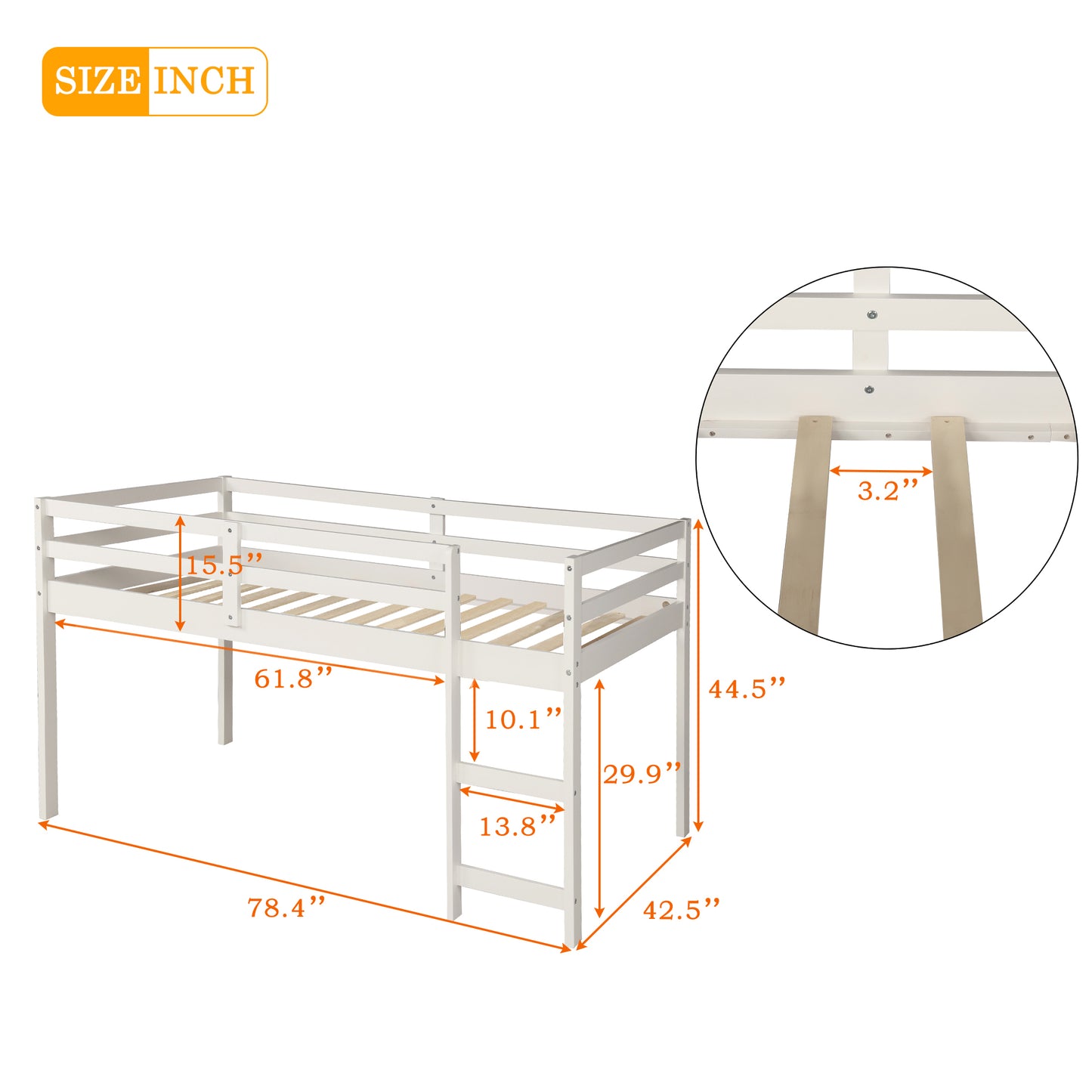 White wooden loft bed with ladder and dimension labels