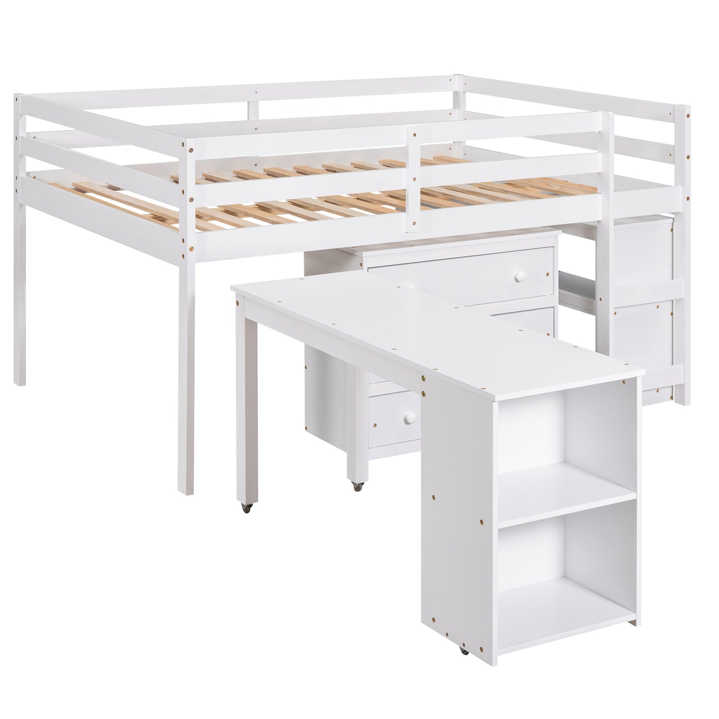 White loft bed with desk and shelving