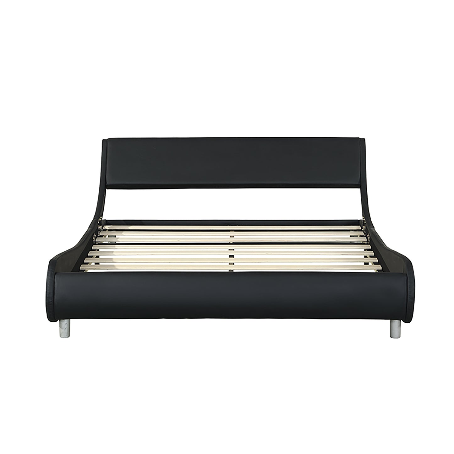 Black faux leather platform bed frame with curved headboard and wooden slats for mattress support