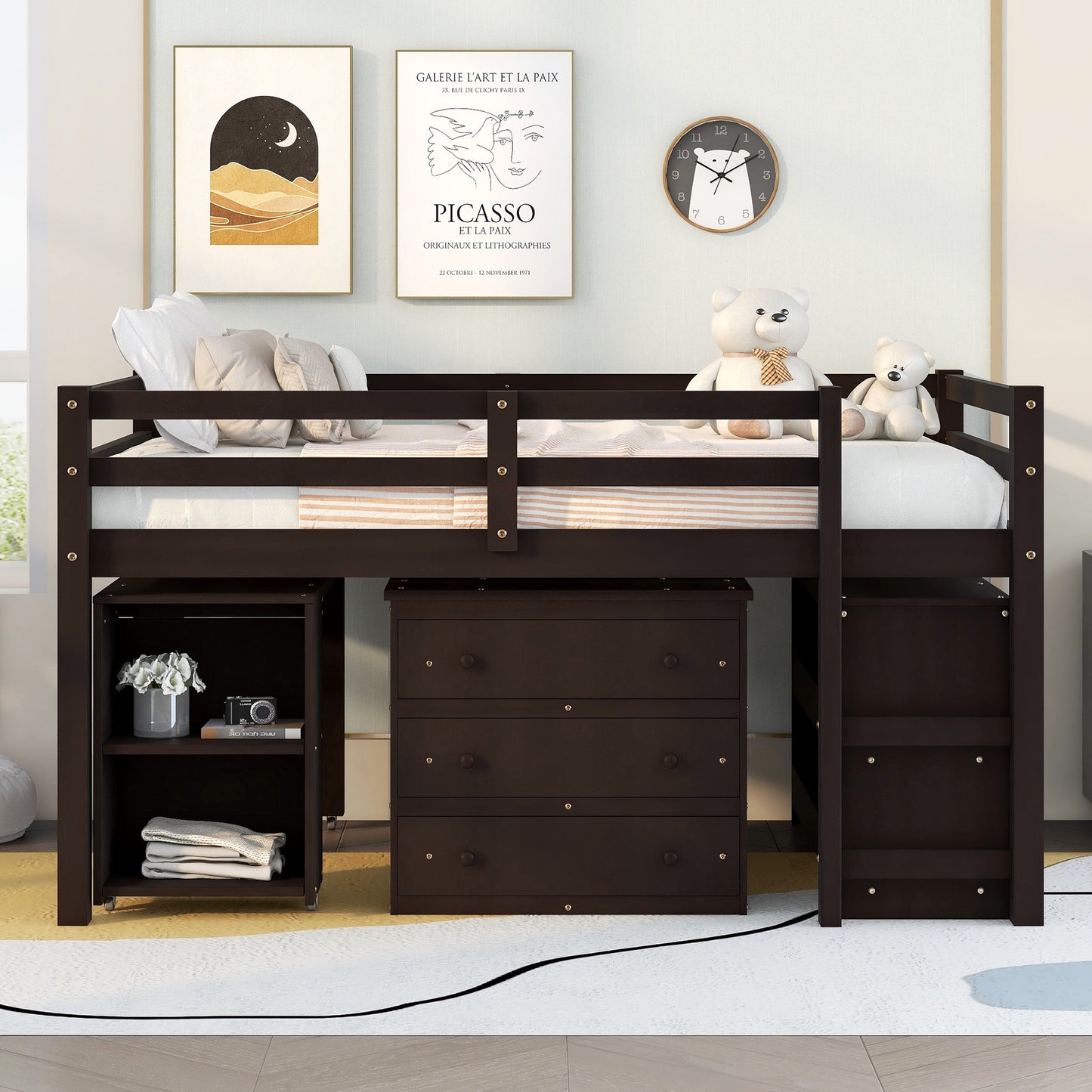 Dark brown wood loft bed with dresser and shelves