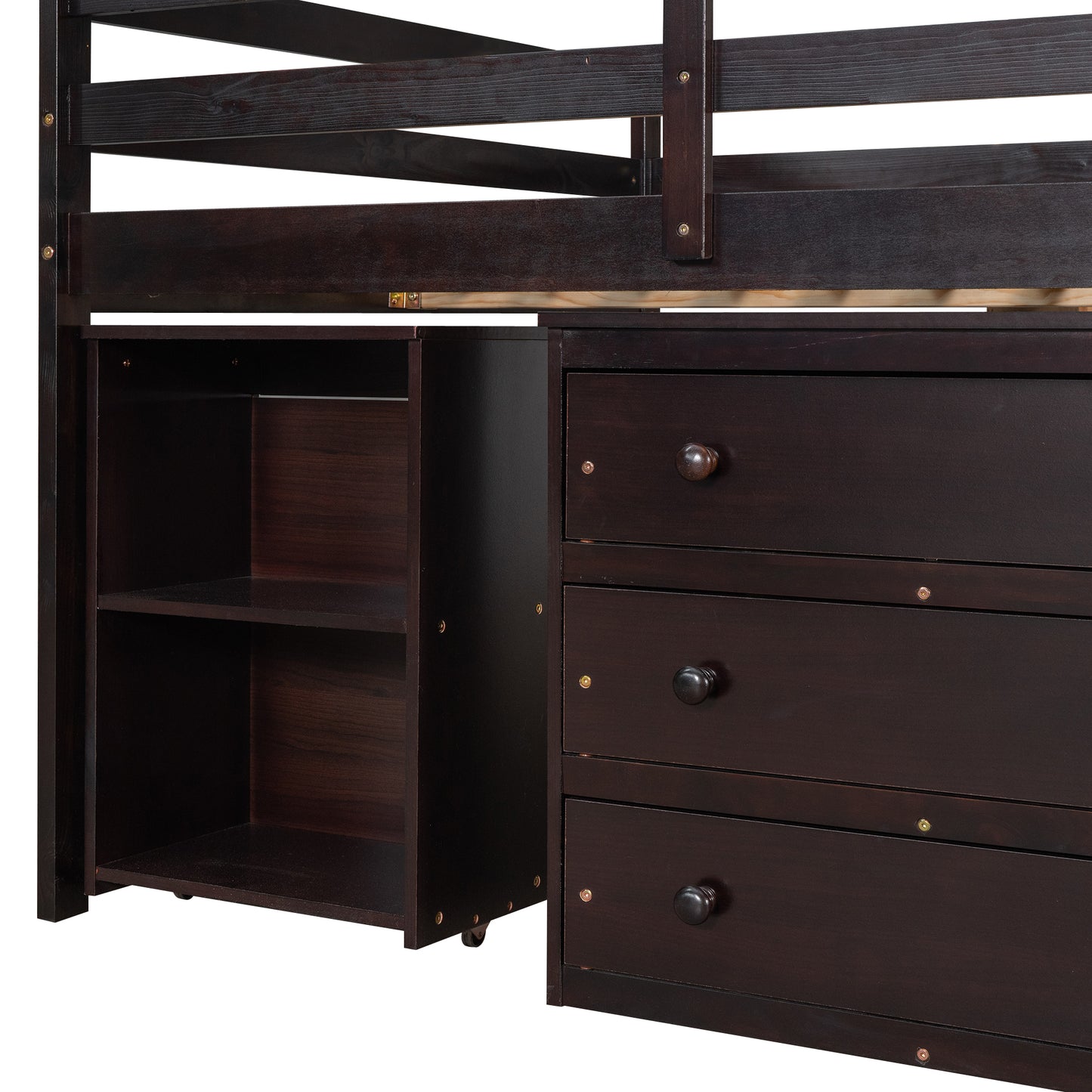 Dark brown loft bed with builtin shelving and drawers