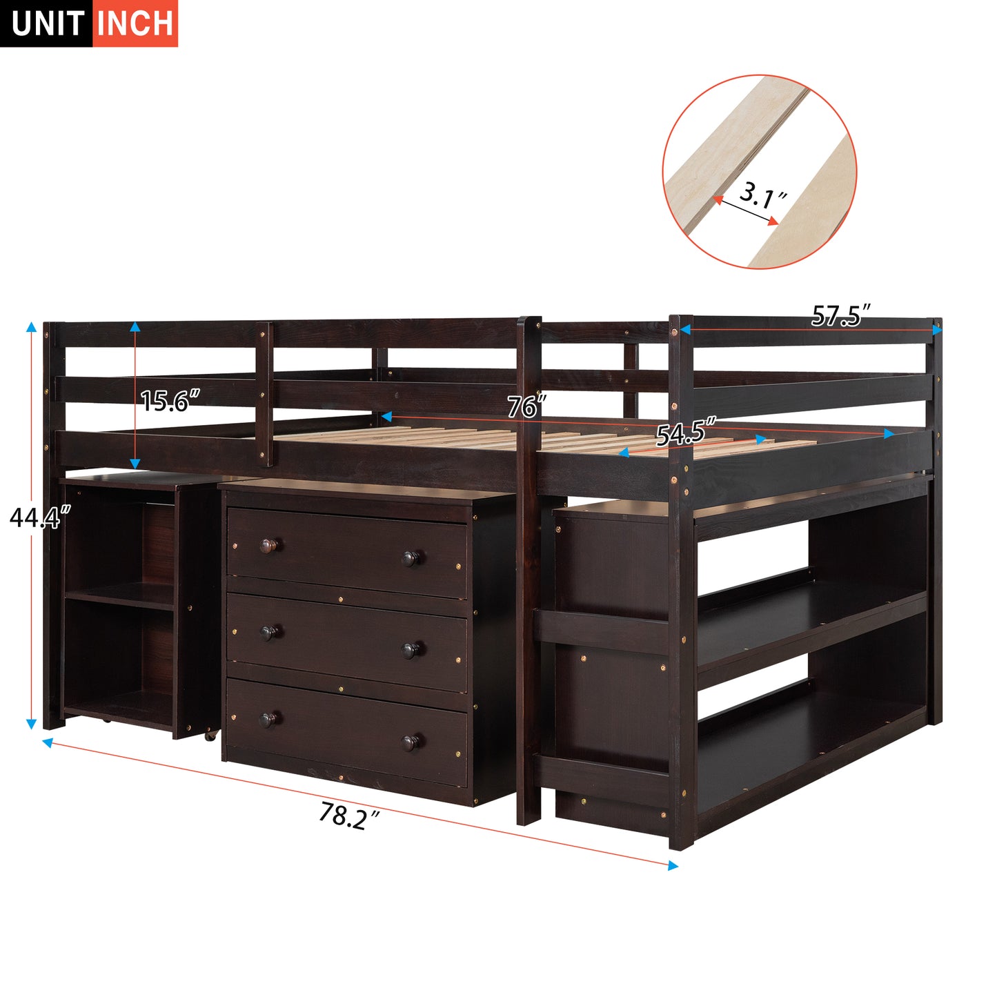 Dark brown wood loft bed with drawers and shelves