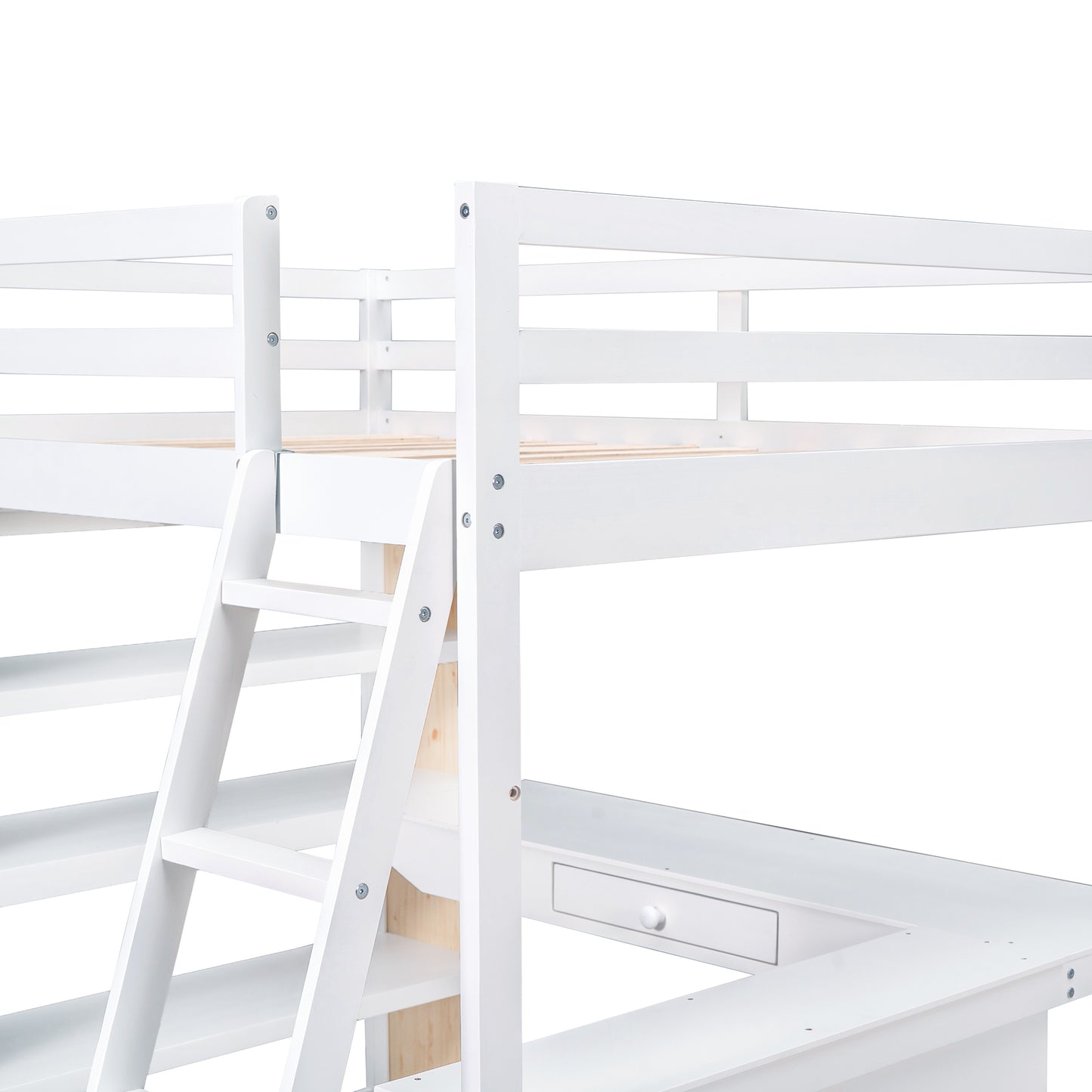 White wooden loft bed with integrated desk and ladder